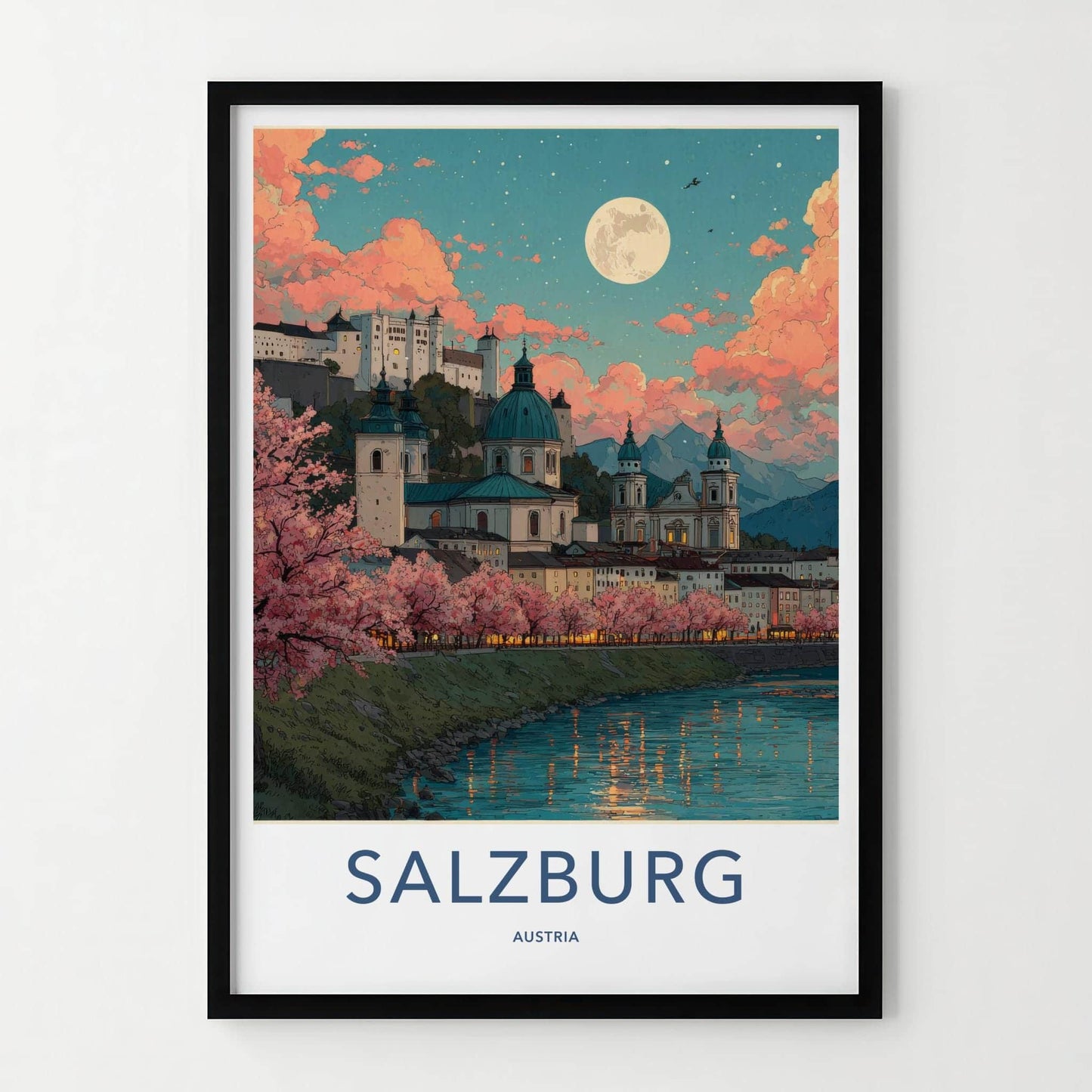 Salzburg Poster - Austria Travel Print - Moonlit Cityscape River Wall Decor