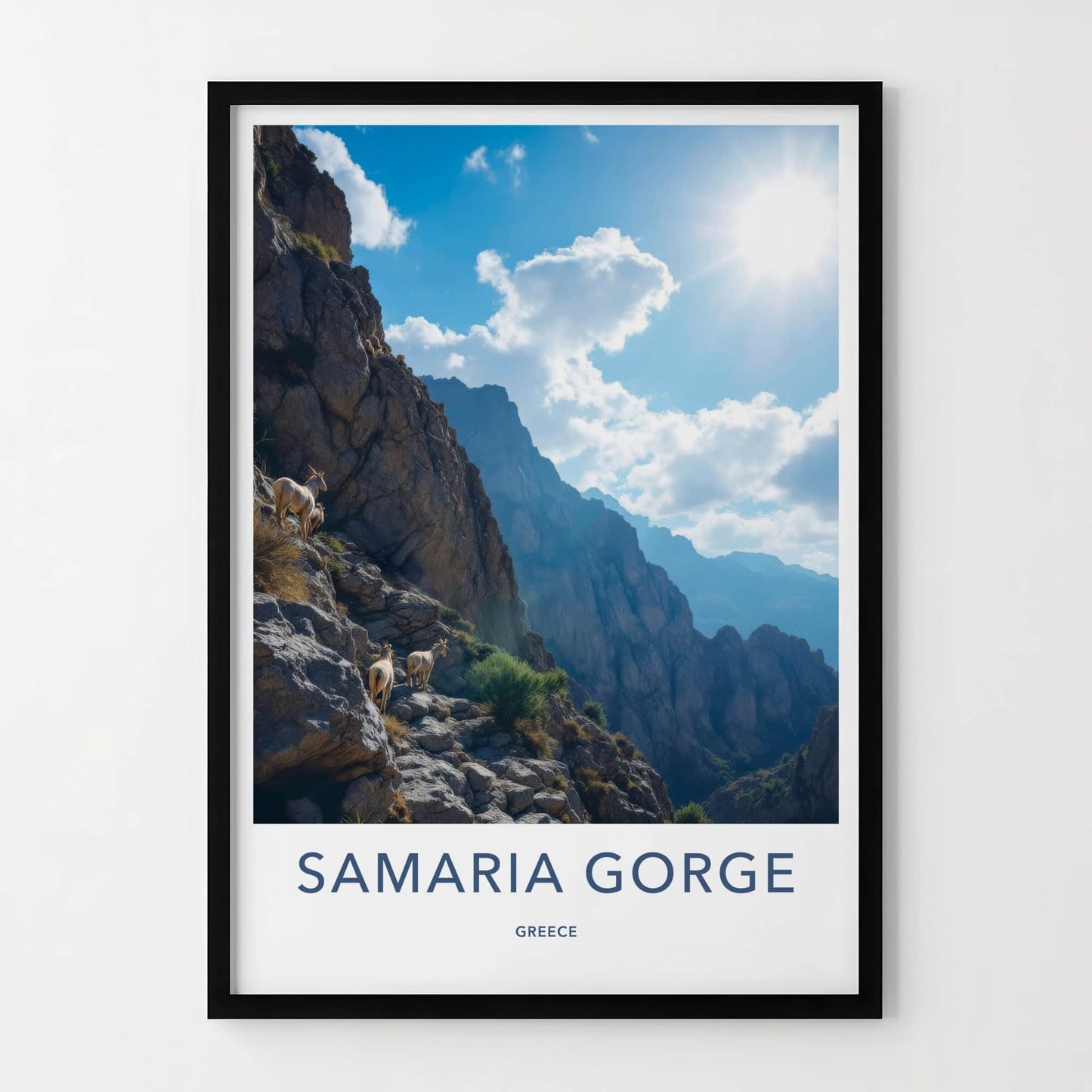 Samaria Gorge Poster - Greece Travel Print - Sunlit Mountain Goats Home Decor
