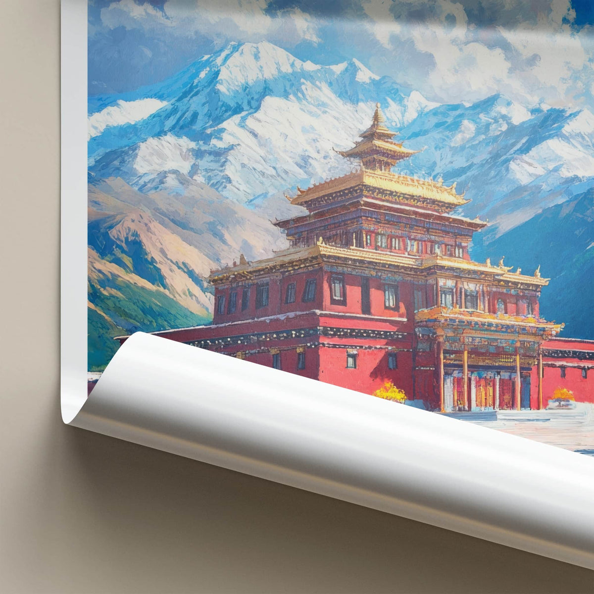 Samye Monastery Poster - Tibet Art Print - Monastery Snowy Peaks Wall Decor