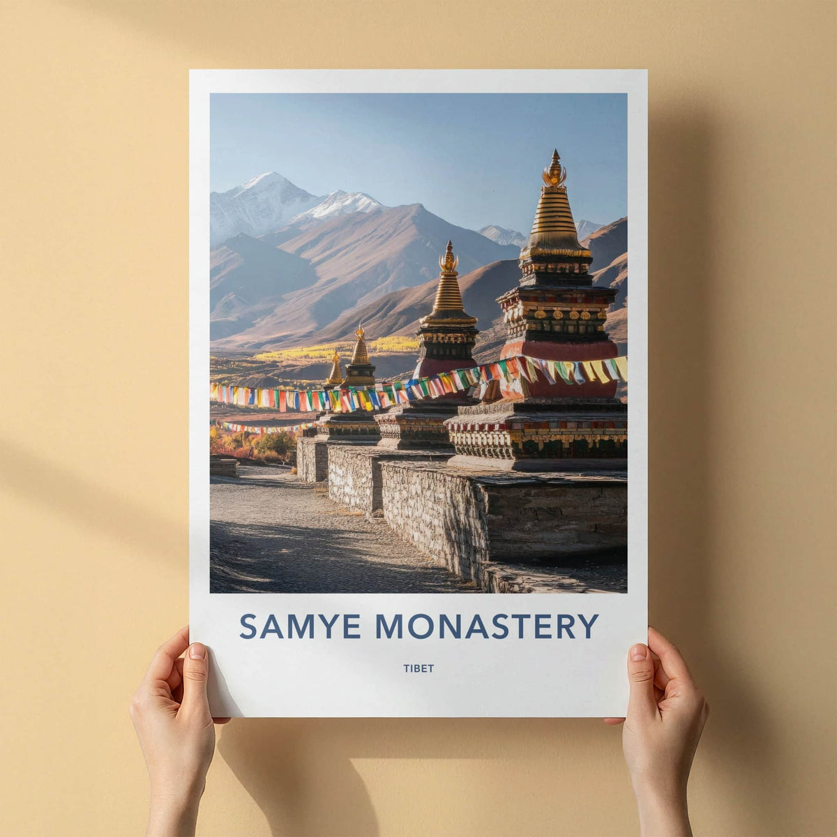 Samye Monastery Poster - Tibet Travel Art - Golden Stupas Flags Home Decor
