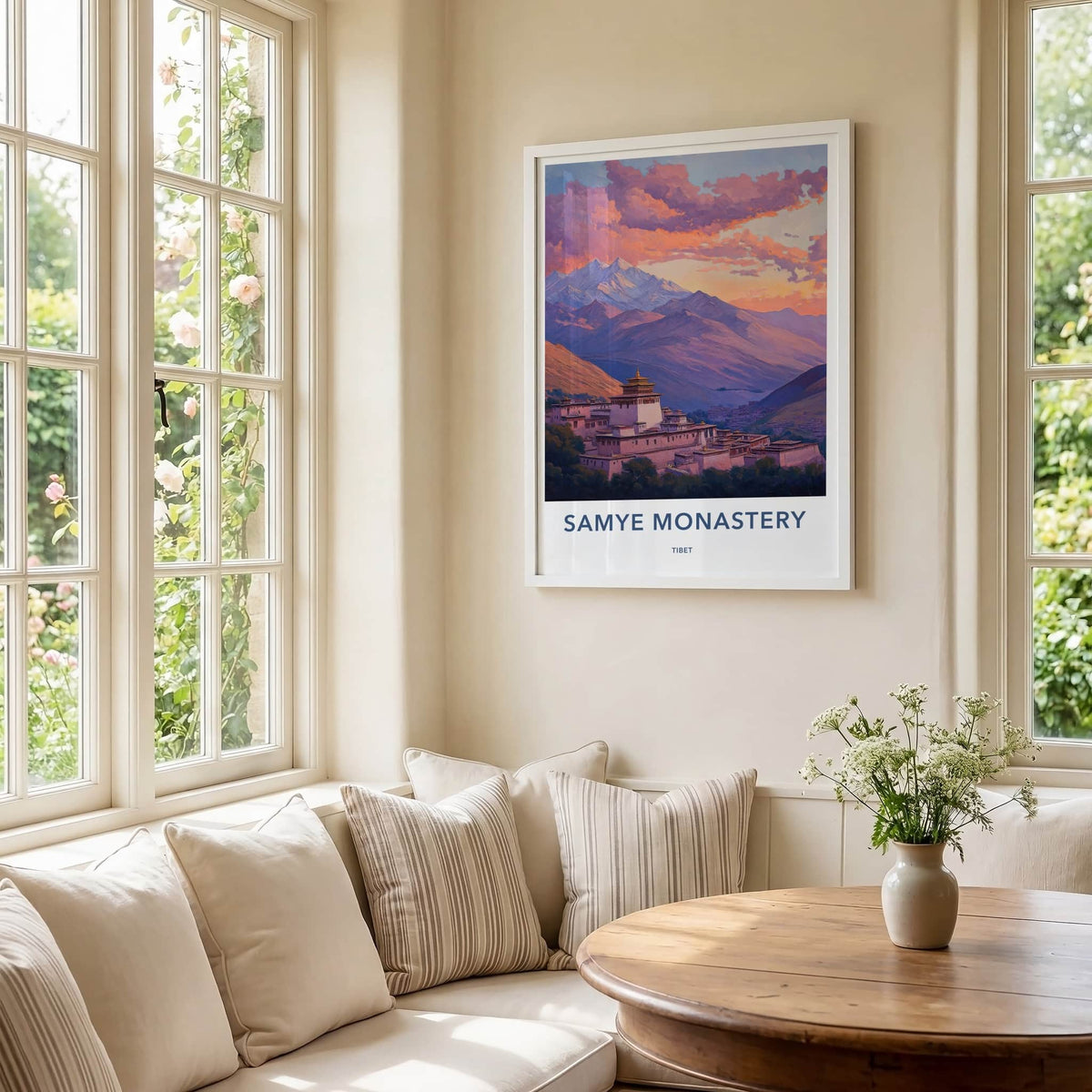 Samye Monastery Poster - Tibet Travel Art - Monastery Mountain Sunset Wall Decor