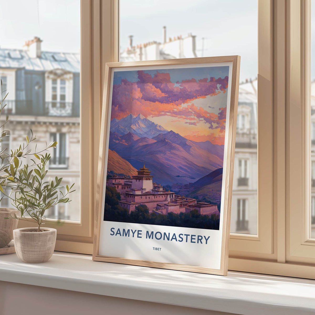 Samye Monastery Poster - Tibet Travel Art - Monastery Mountain Sunset Wall Decor