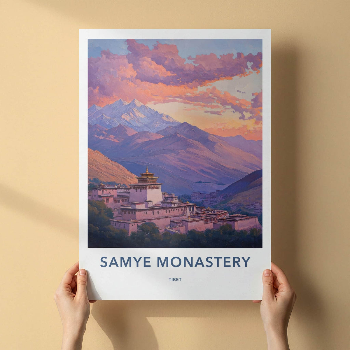 Samye Monastery Poster - Tibet Travel Art - Monastery Mountain Sunset Wall Decor