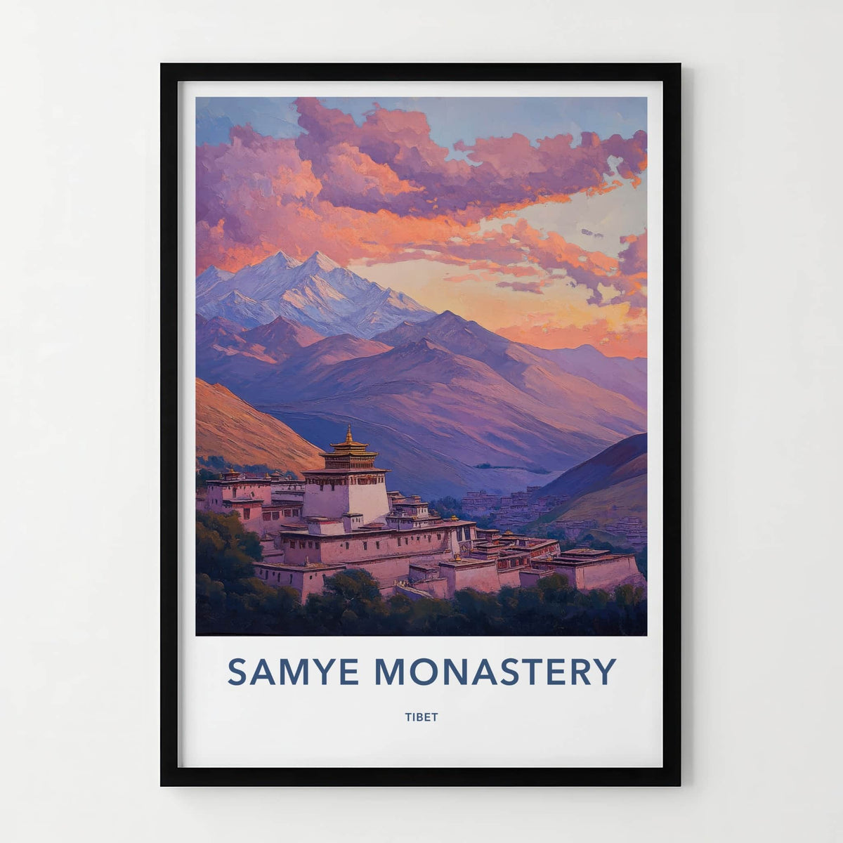 Samye Monastery Poster - Tibet Travel Art - Monastery Mountain Sunset Wall Decor