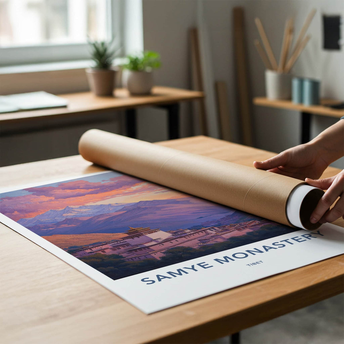 Samye Monastery Poster - Tibet Travel Art - Monastery Mountain Sunset Wall Decor