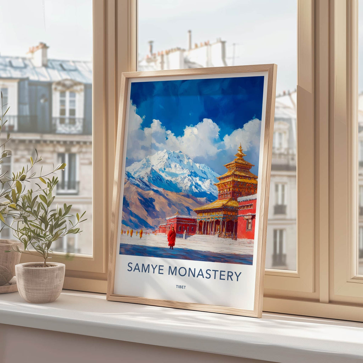 Samye Monastery Poster - Tibet Travel Art - Snowy Mountain Monks Wall Decor