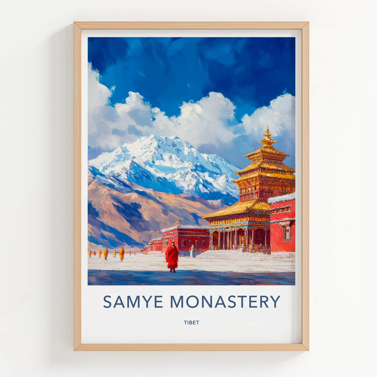 Samye Monastery Poster - Tibet Travel Art - Snowy Mountain Monks Wall Decor