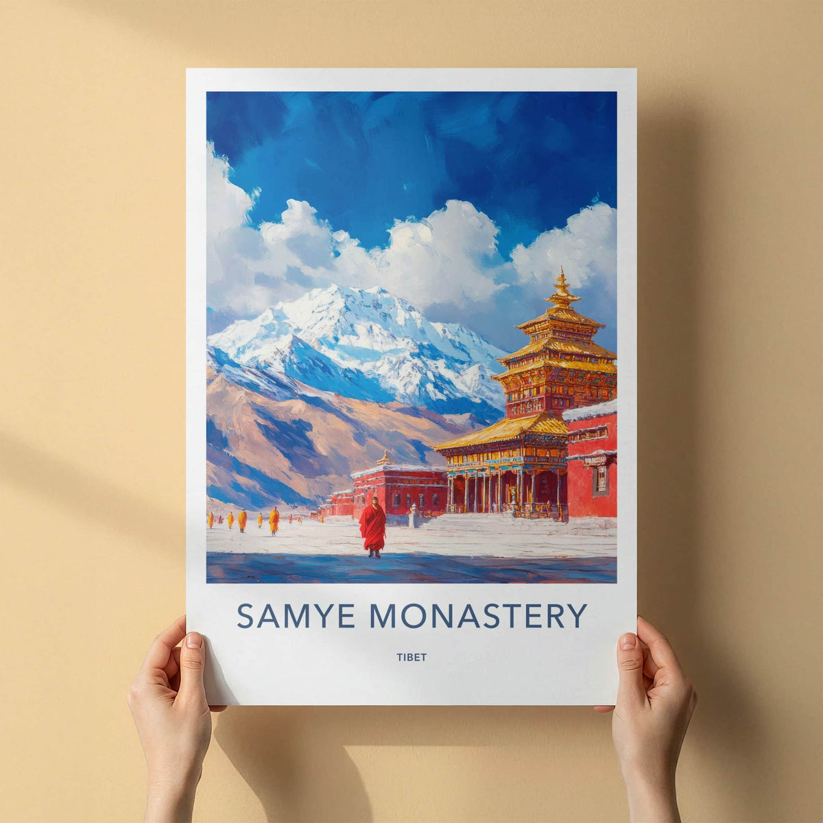 Samye Monastery Poster - Tibet Travel Art - Snowy Mountain Monks Wall Decor