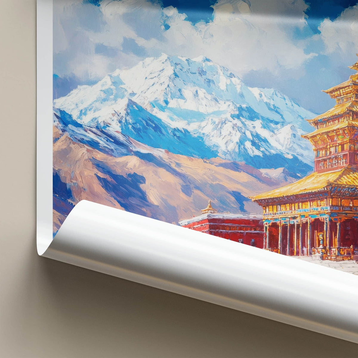 Samye Monastery Poster - Tibet Travel Art - Snowy Mountain Monks Wall Decor