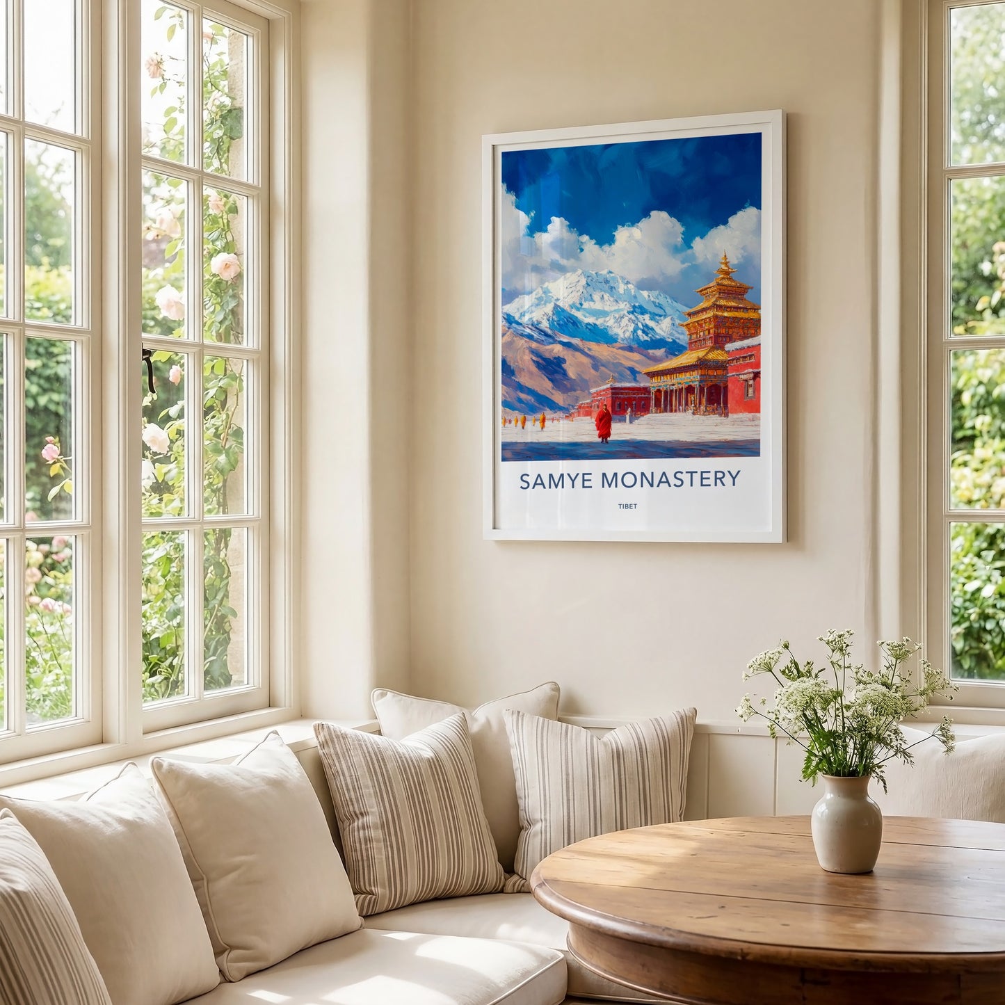 Samye Monastery Poster - Tibet Travel Art - Snowy Mountain Monks Wall Decor