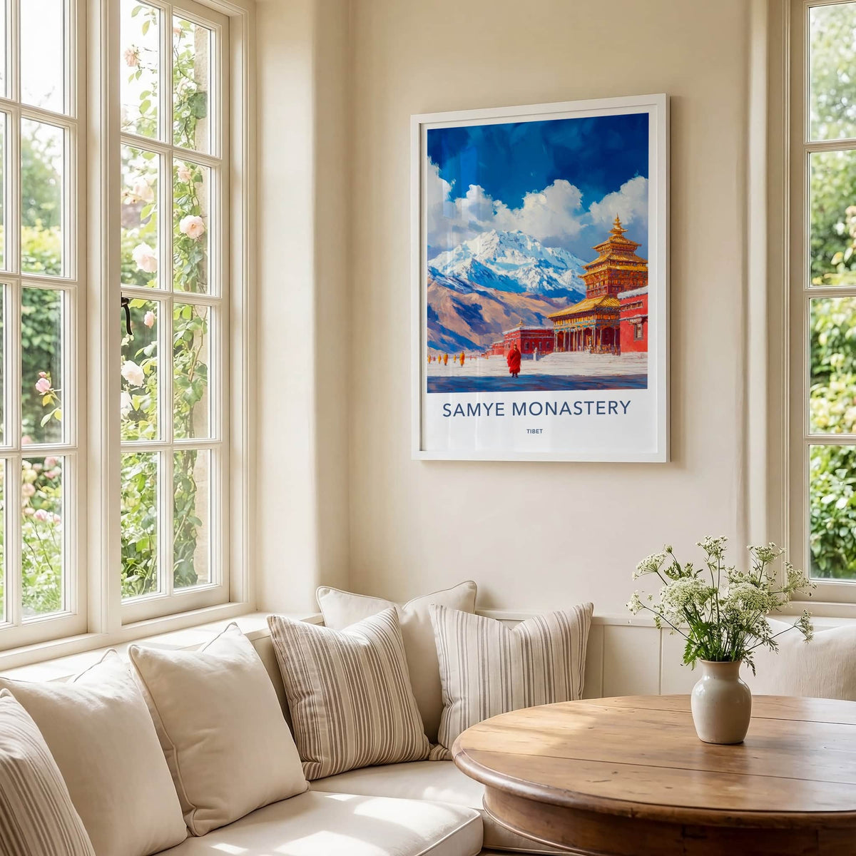 Samye Monastery Poster - Tibet Travel Art - Snowy Mountain Monks Wall Decor