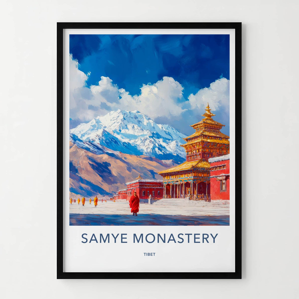Samye Monastery Poster - Tibet Travel Art - Snowy Mountain Monks Wall Decor