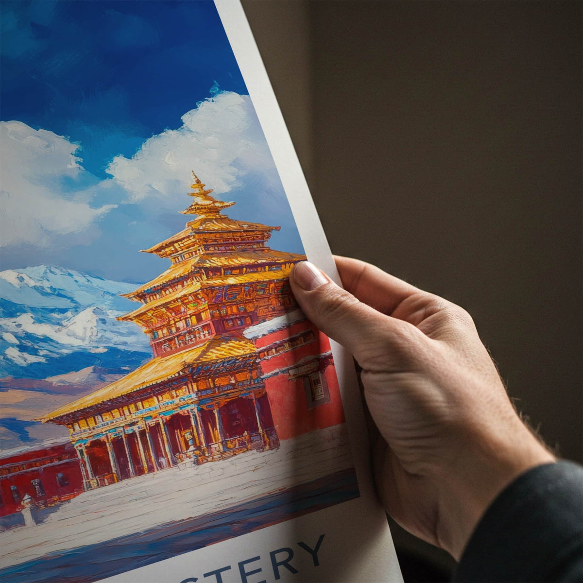 Samye Monastery Poster - Tibet Travel Art - Snowy Mountain Monks Wall Decor