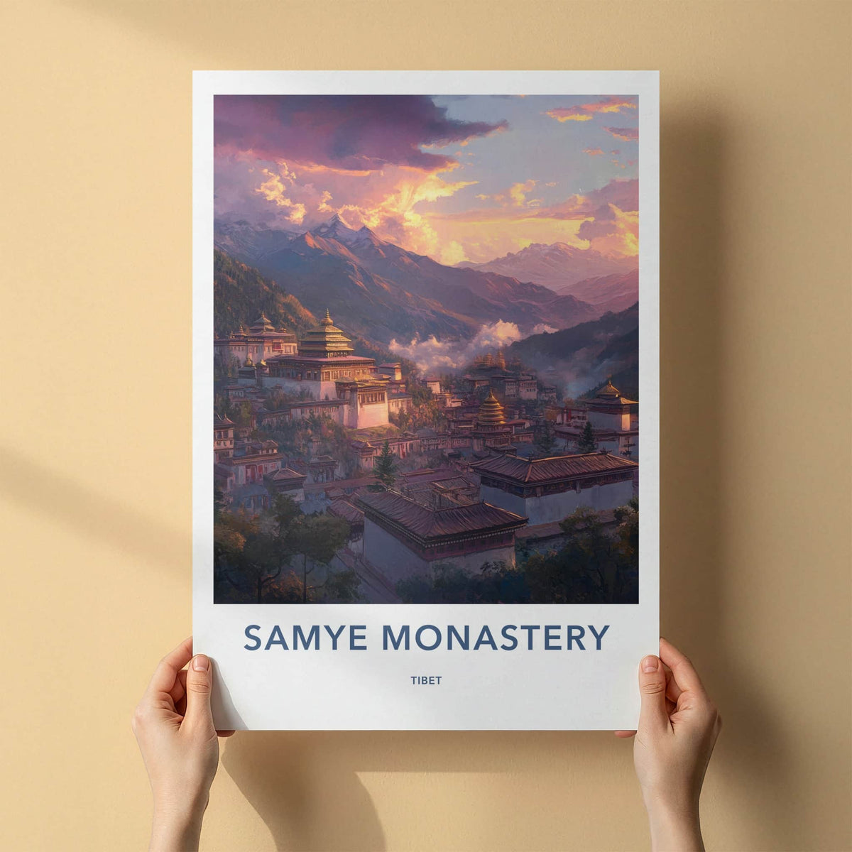 Samye Monastery Poster - Tibet Travel Art - Sunset Mountain Monastery Home Decor