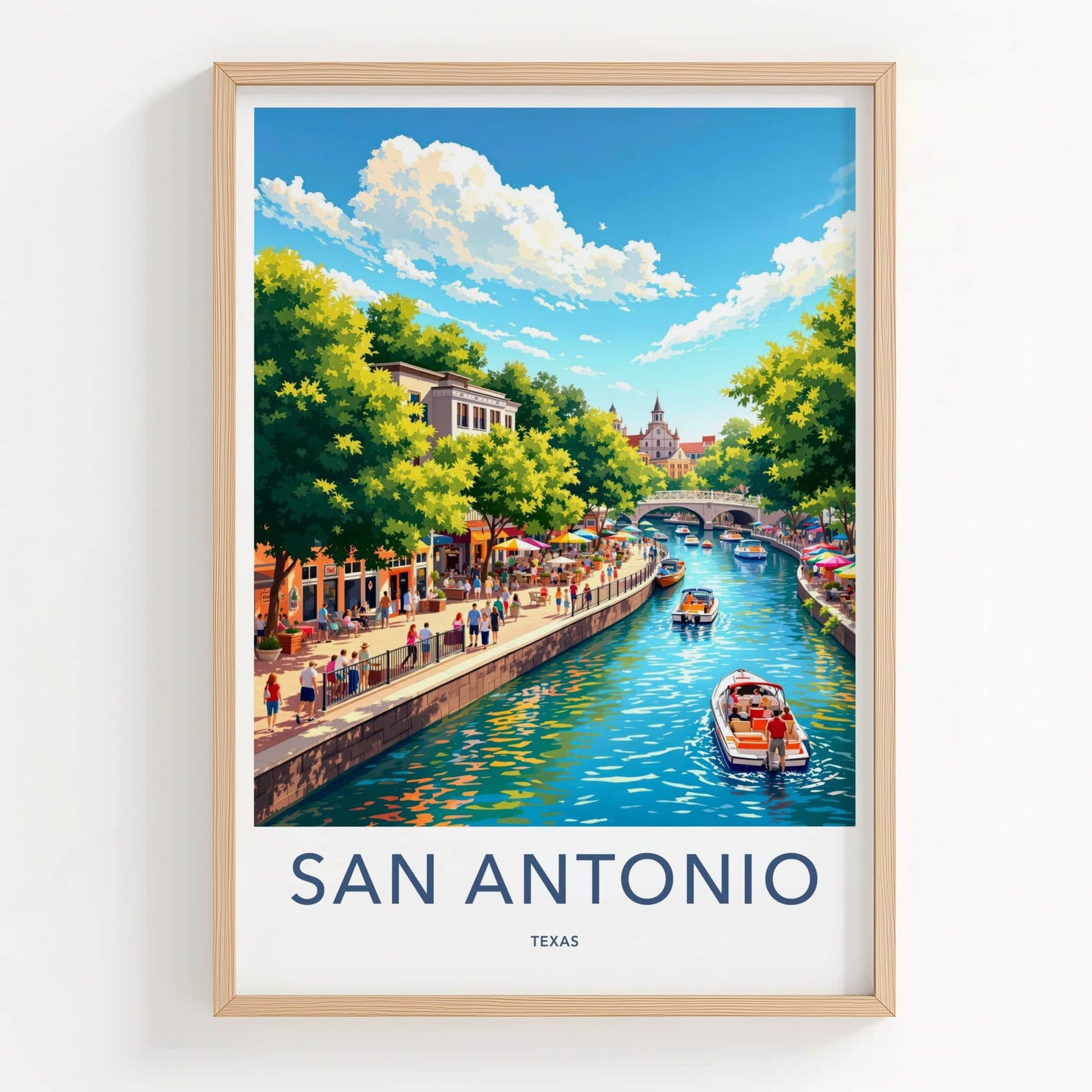 San Antonio Poster - Texas Travel Art - Bustling Riverwalk Scene Wall Decor