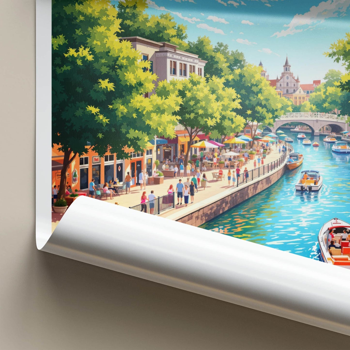 San Antonio Poster - Texas Travel Art - Bustling Riverwalk Scene Wall Decor