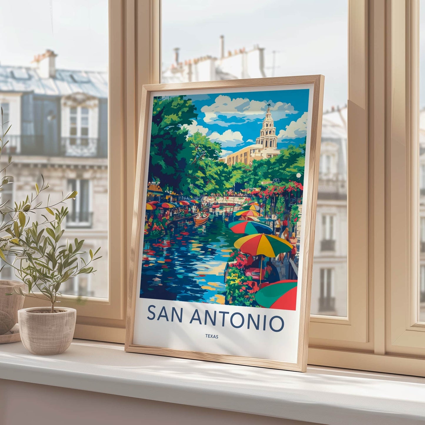 San Antonio Poster - Texas Travel Art - Colorful Riverwalk Boats Home Decor