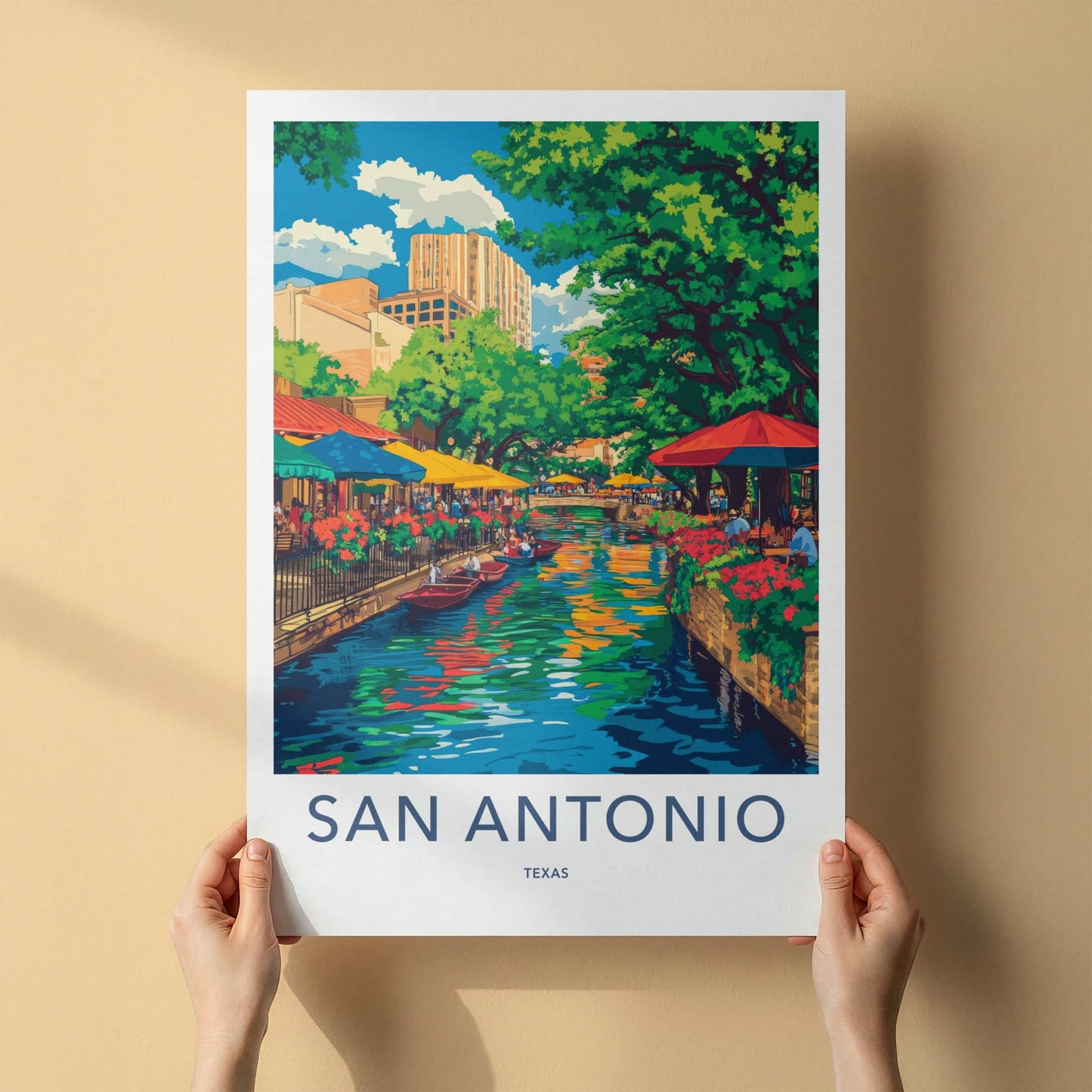 San Antonio Poster - Texas Travel Art - Colorful Riverwalk Scene Home Decor