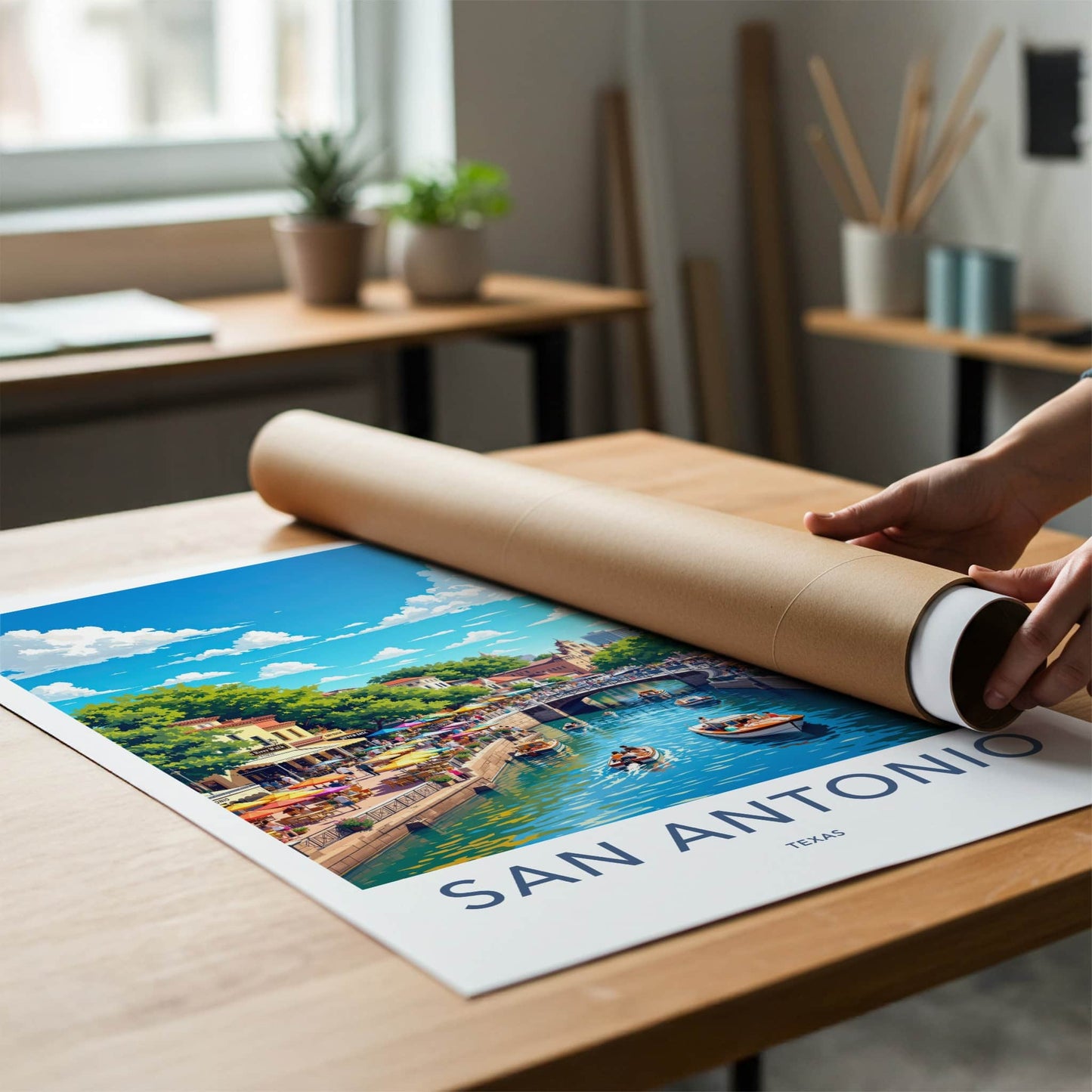San Antonio Poster - Texas Travel Art - Lively Riverside Buildings Home Decor