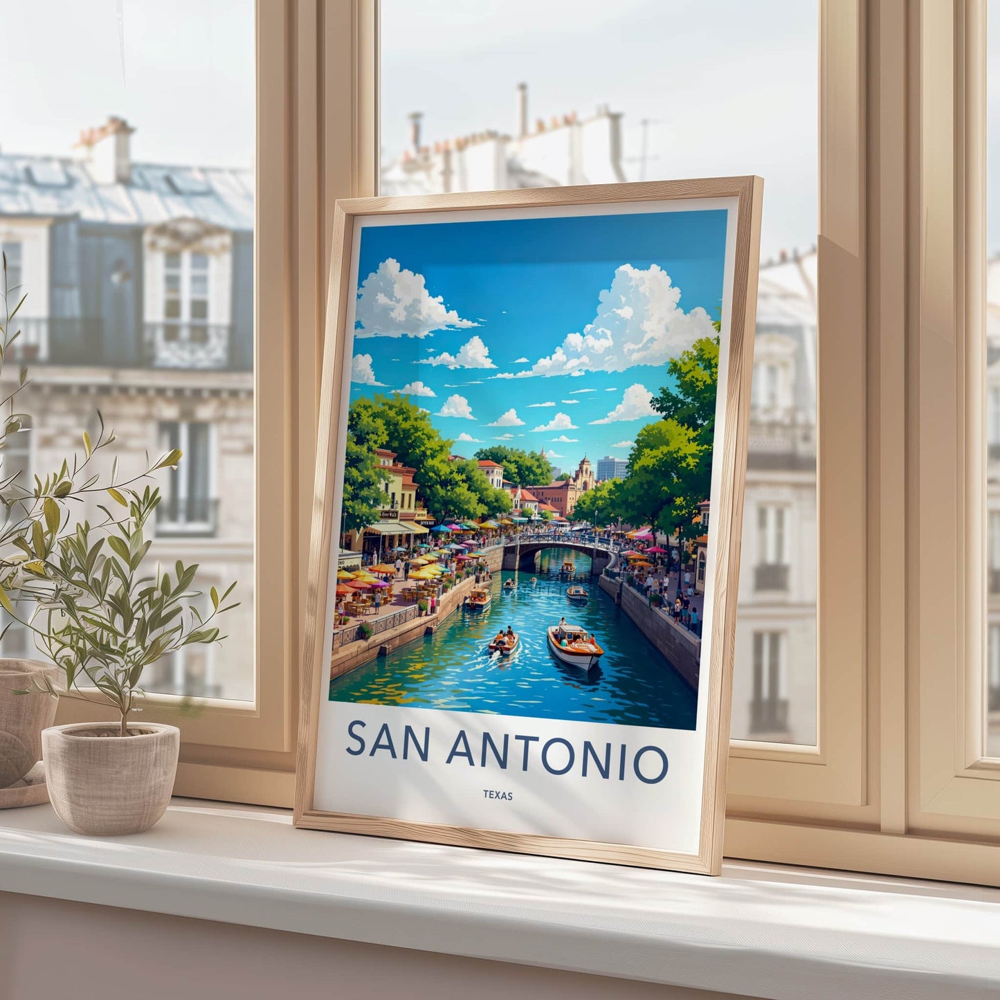 San Antonio Poster - Texas Travel Art - Lively Riverside Buildings Home Decor
