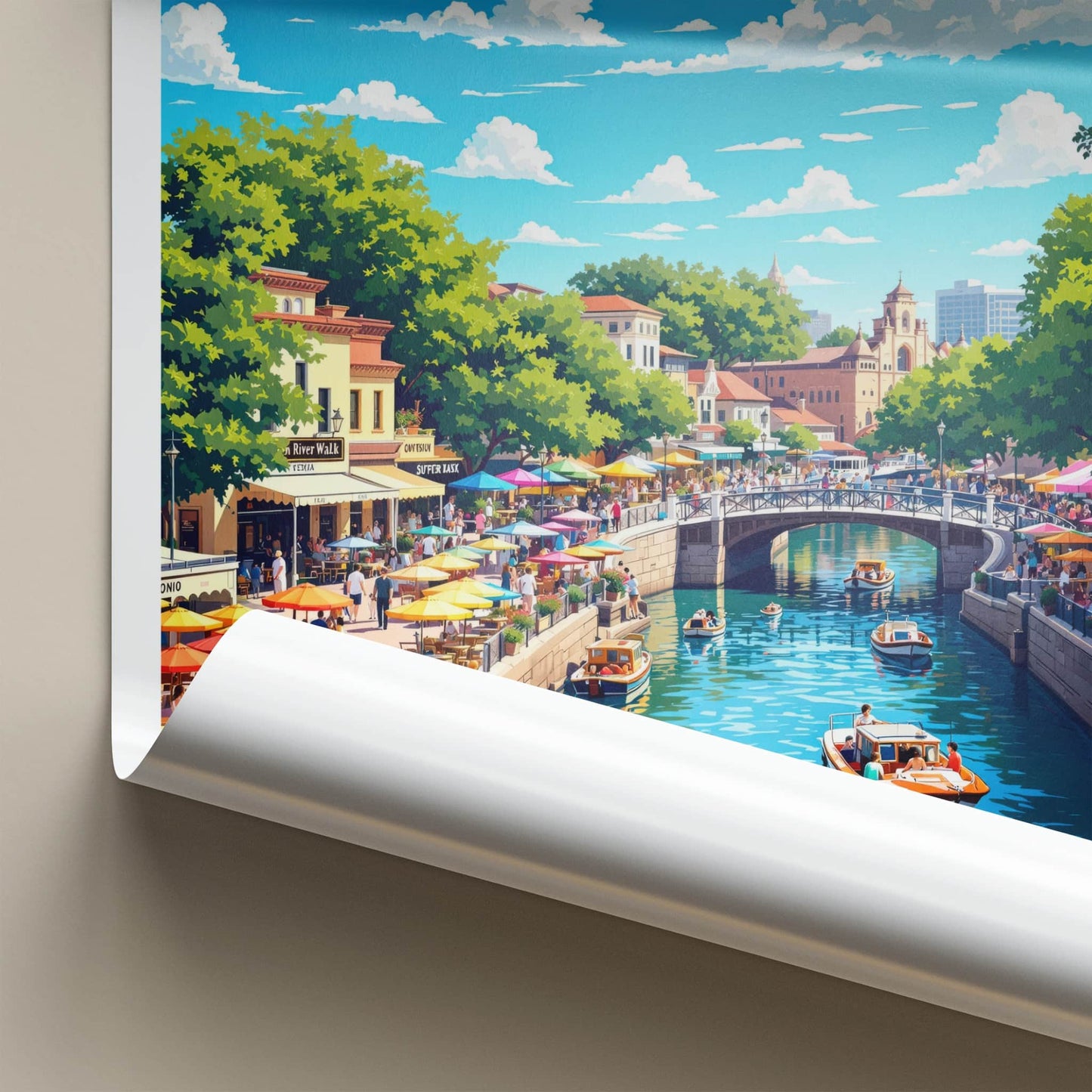 San Antonio Poster - Texas Travel Art - Lively Riverside Buildings Home Decor