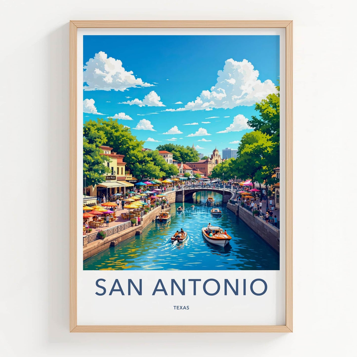 San Antonio Poster - Texas Travel Art - Lively Riverside Buildings Home Decor