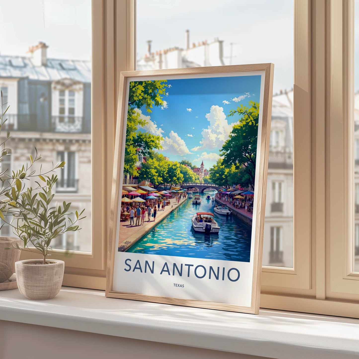 San Antonio Poster - Texas Travel Art - Lively Riverwalk Boats Wall Decor