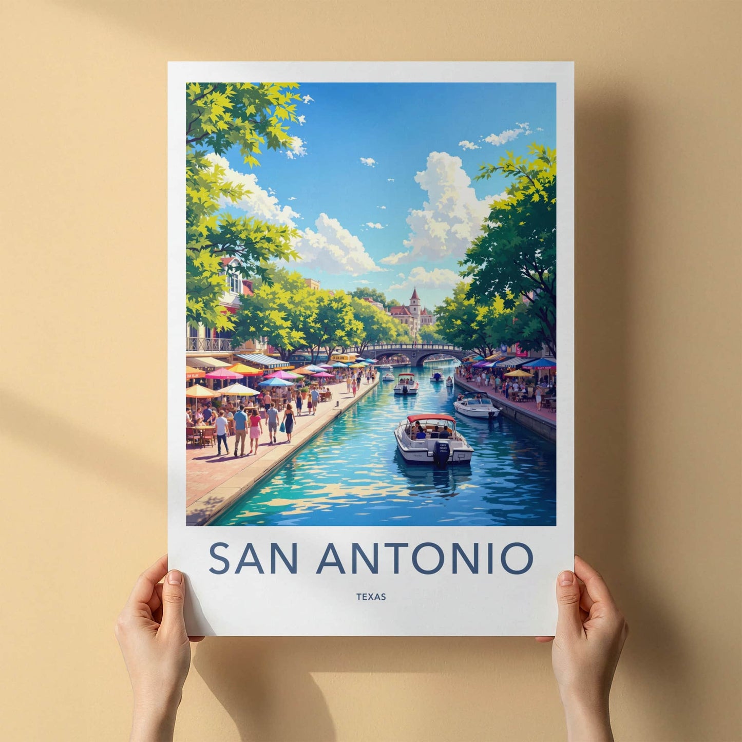 San Antonio Poster - Texas Travel Art - Lively Riverwalk Boats Wall Decor