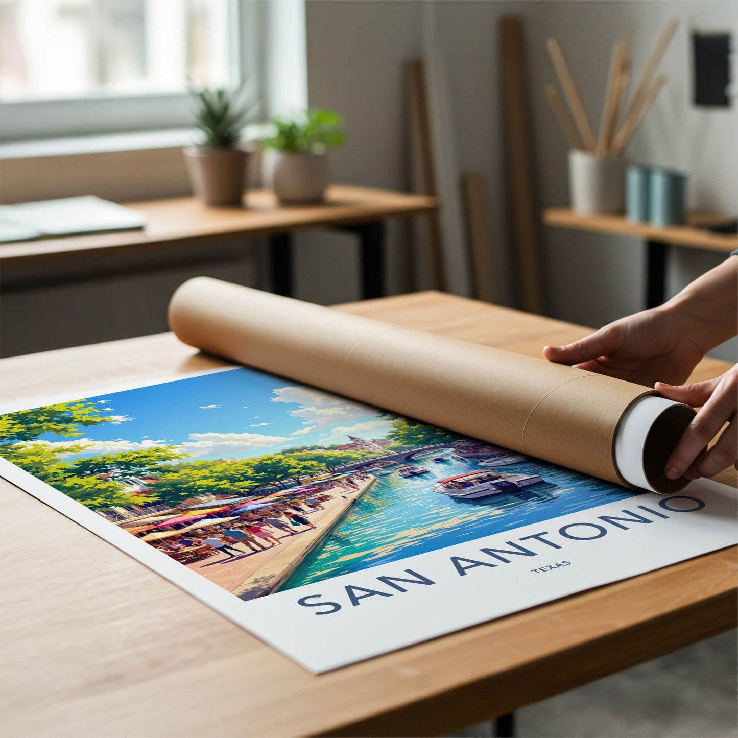 San Antonio Poster - Texas Travel Art - Lively Riverwalk Boats Wall Decor