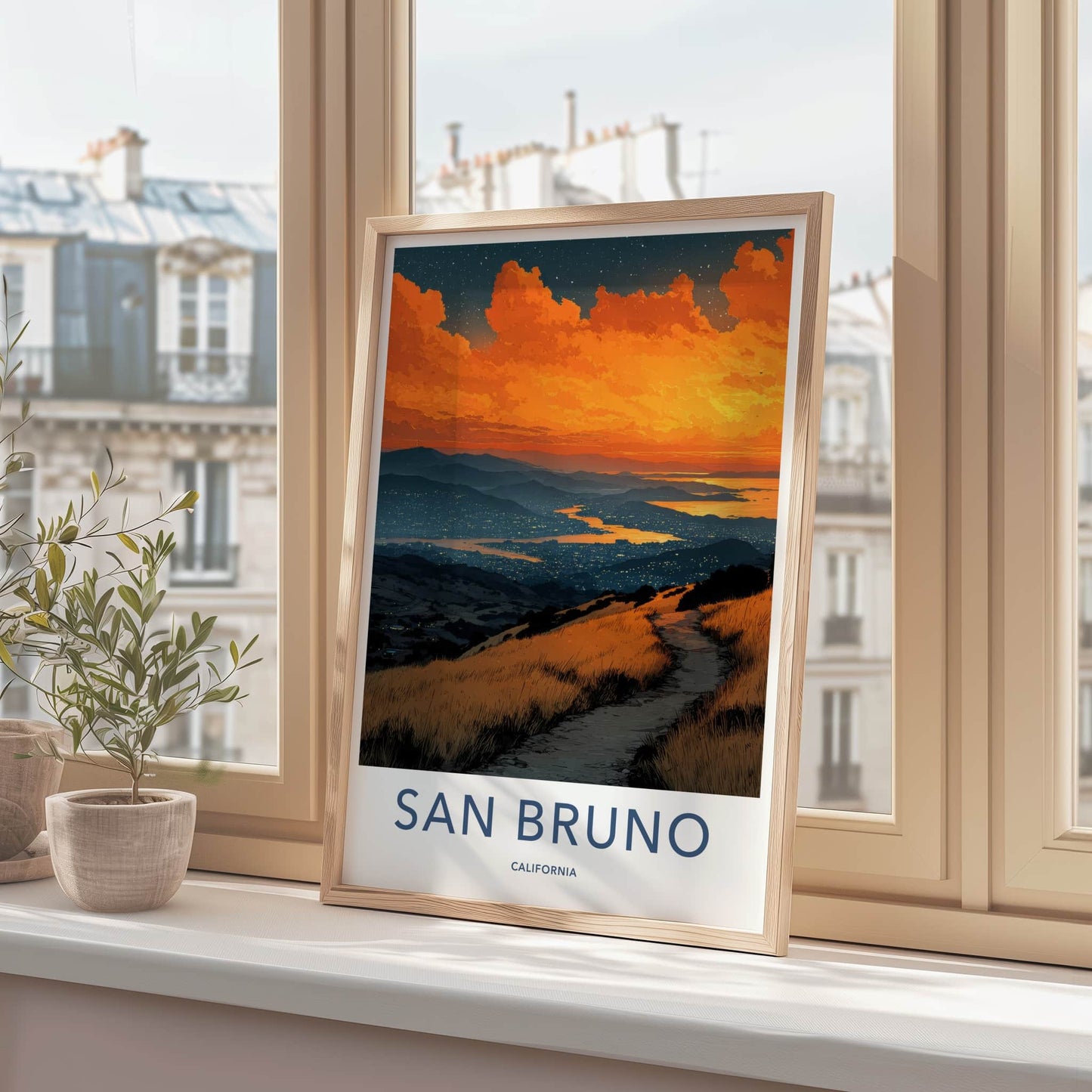 San Bruno Poster - California Travel Art - Fiery Sunset Path Wall Decor