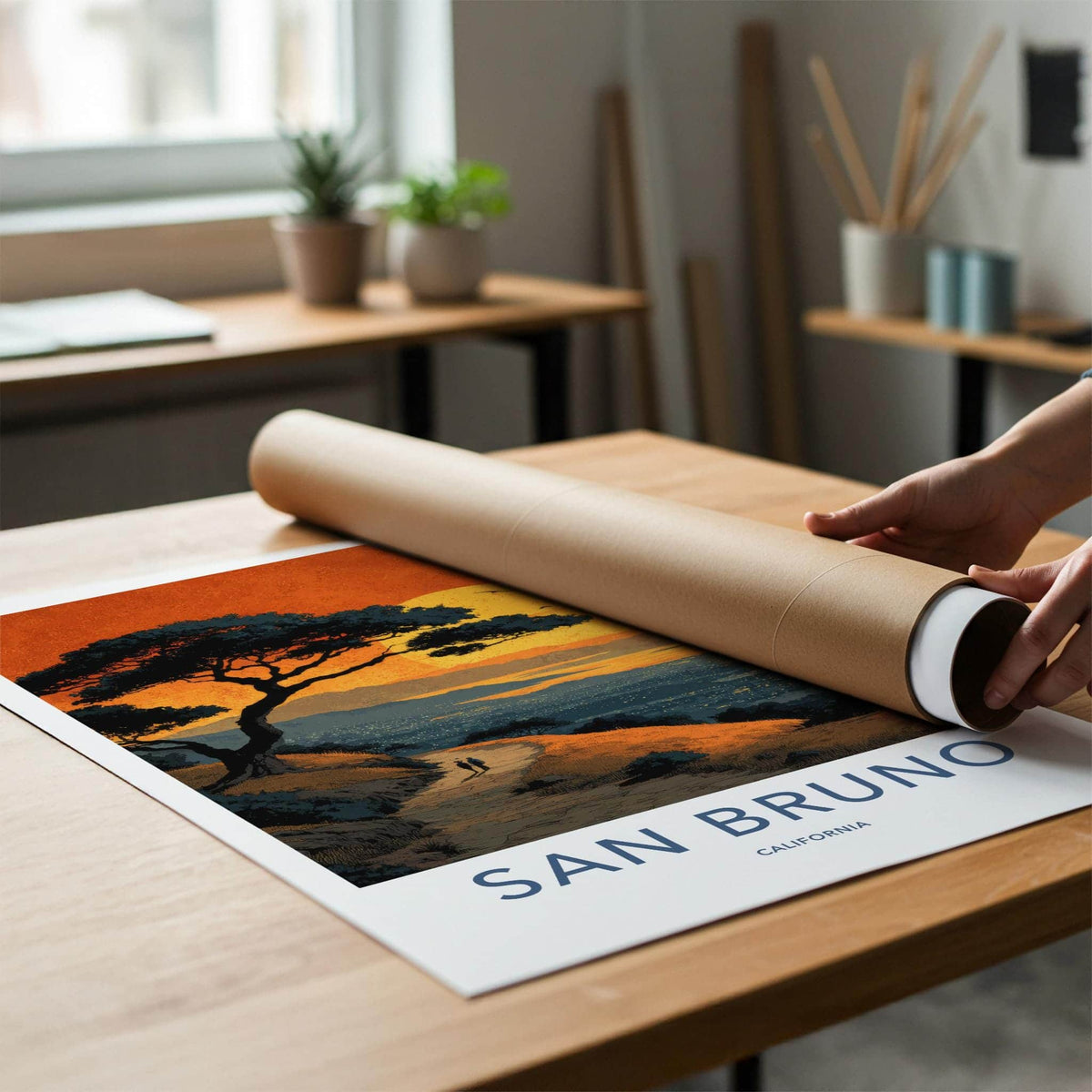 San Bruno Poster - California Travel Art - Sunset City View Home Decor