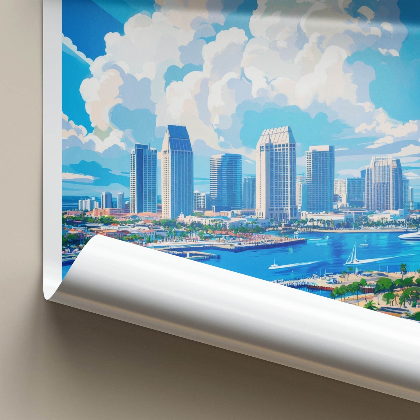San Diego Poster - California Travel Art - Skyline Marina Clouds Home Decor