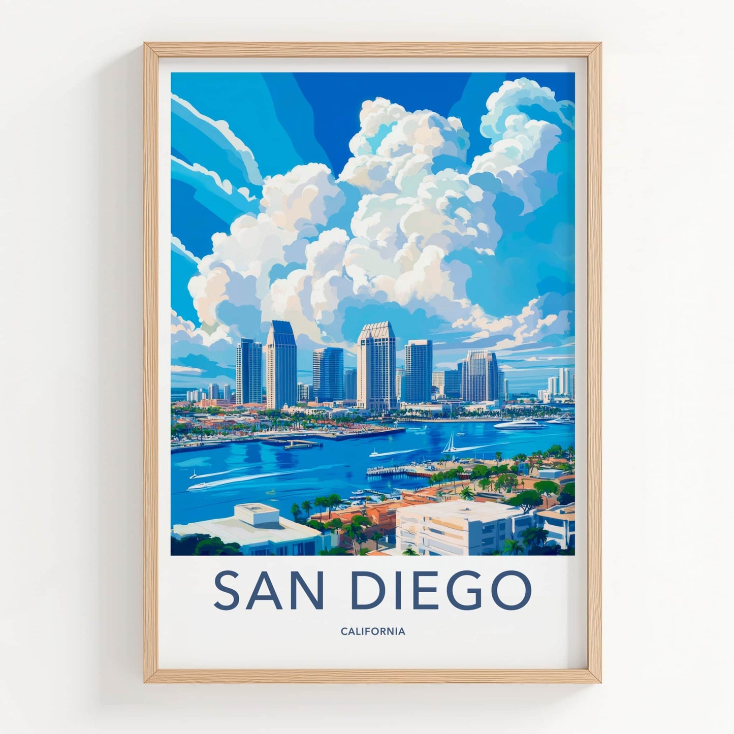 San Diego Poster - California Travel Art - Skyline Marina Clouds Home Decor