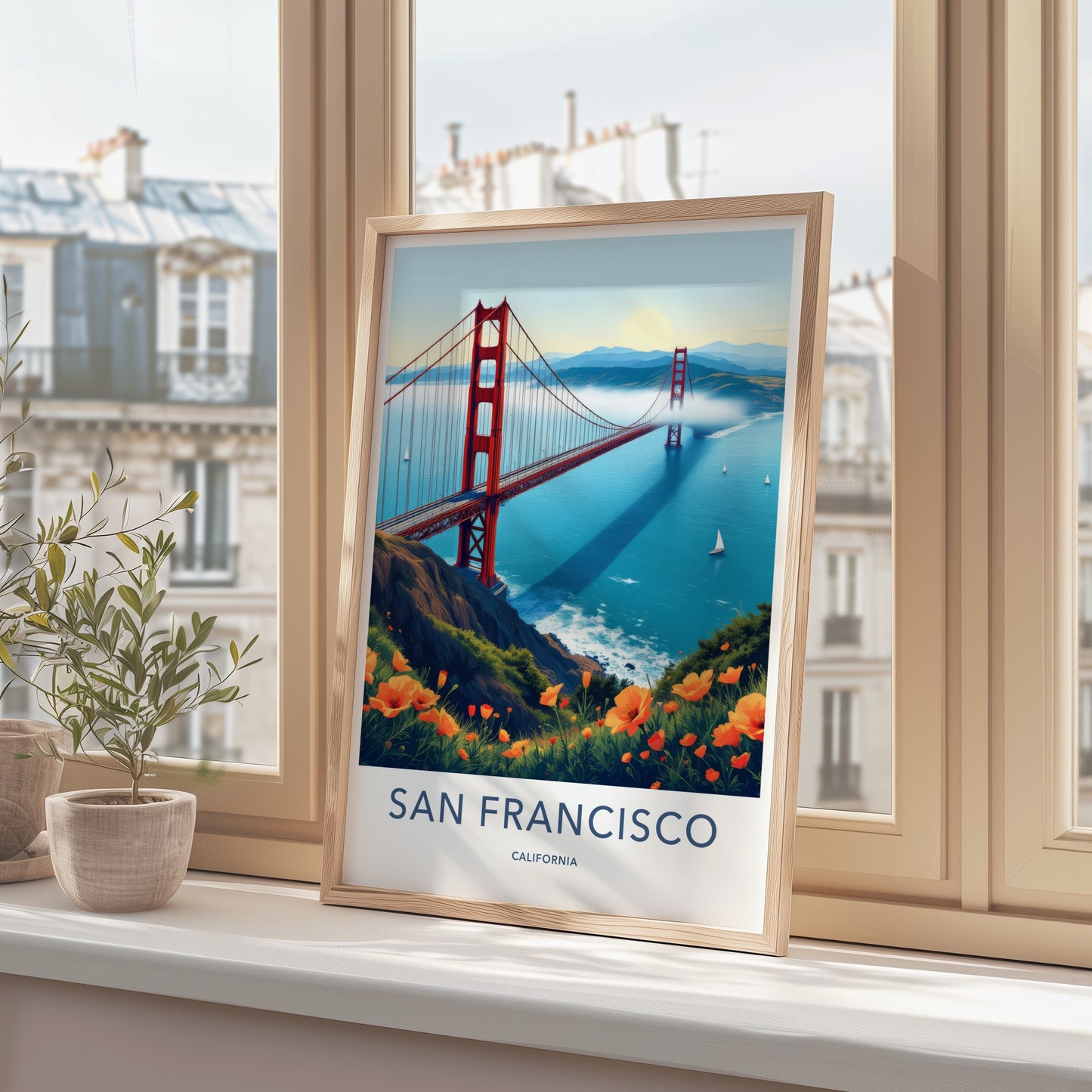 San Francisco Poster - California Travel Art - Golden Gate Poppies Wall Decor