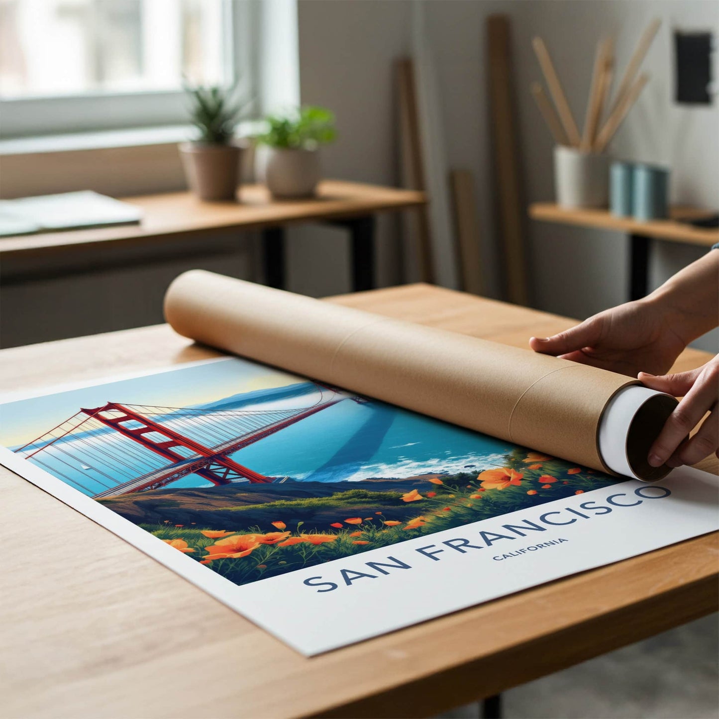 San Francisco Poster - California Travel Art - Golden Gate Poppies Wall Decor