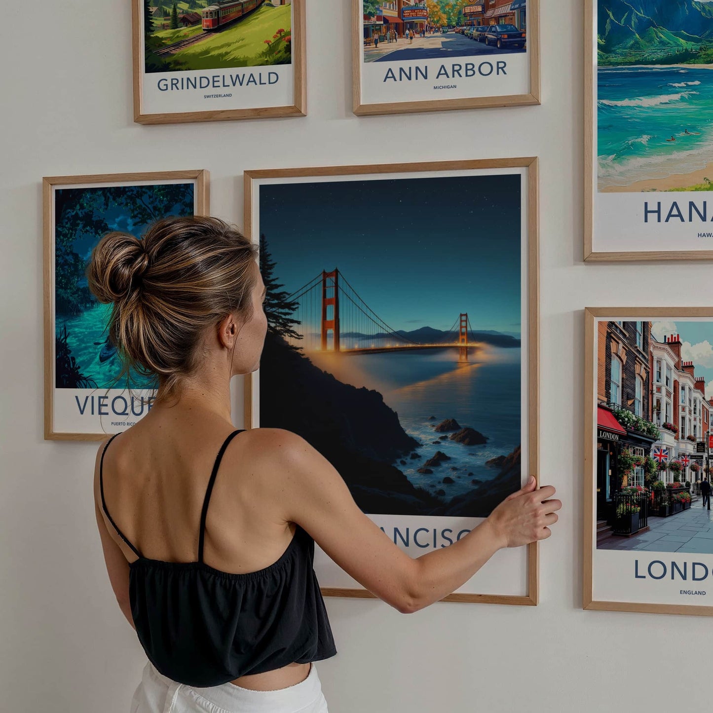 San Francisco Poster - California Travel Art - Illuminated Bridge View Wall Decor