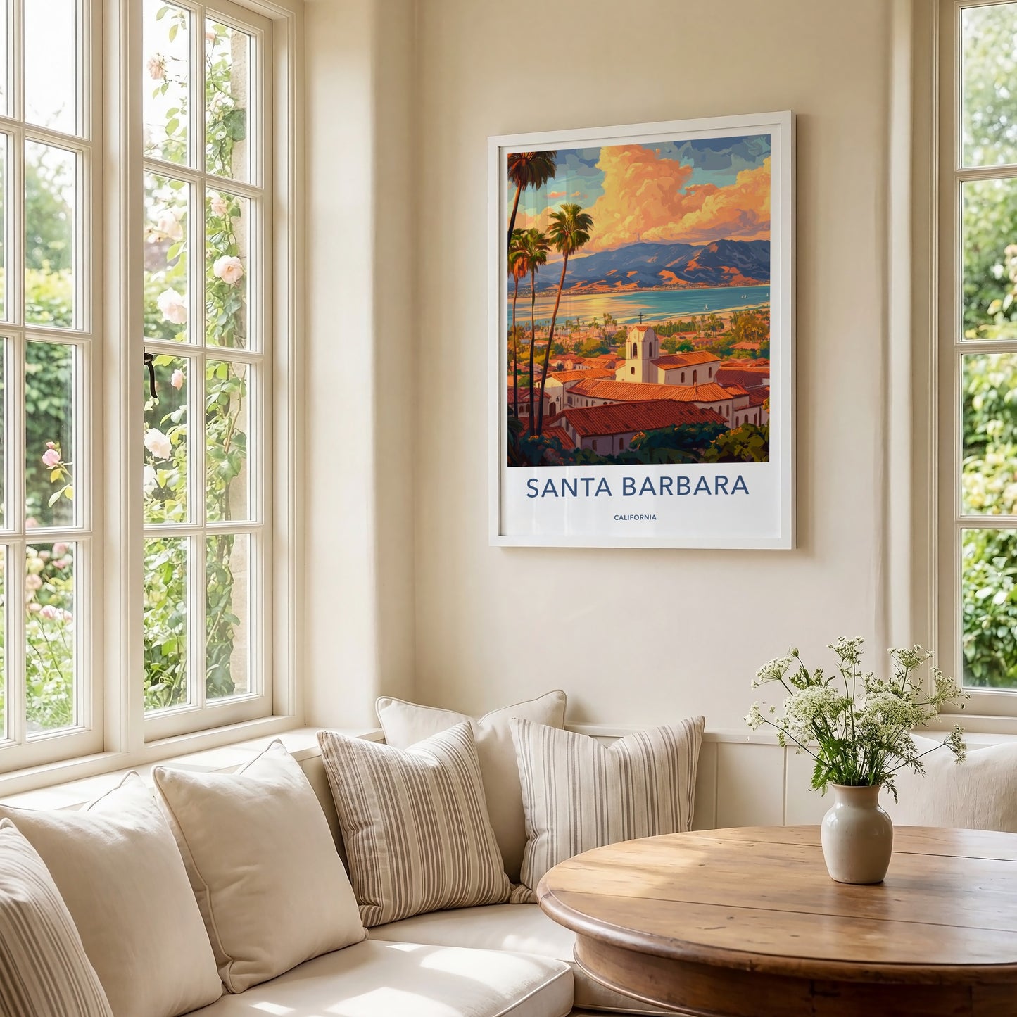 Santa Barbara Poster - California Travel Art - Coastal Mission Sunset Home Decor