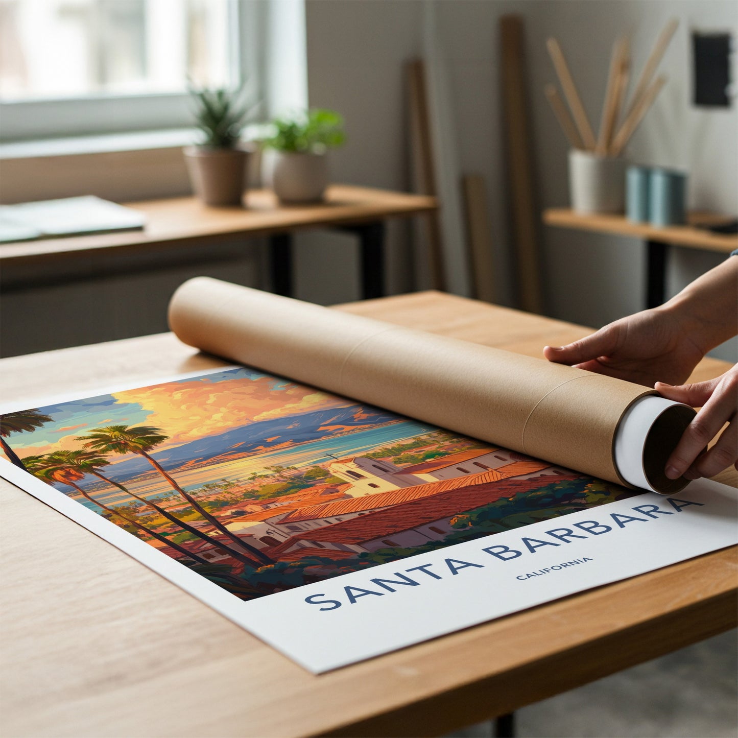 Santa Barbara Poster - California Travel Art - Coastal Mission Sunset Home Decor