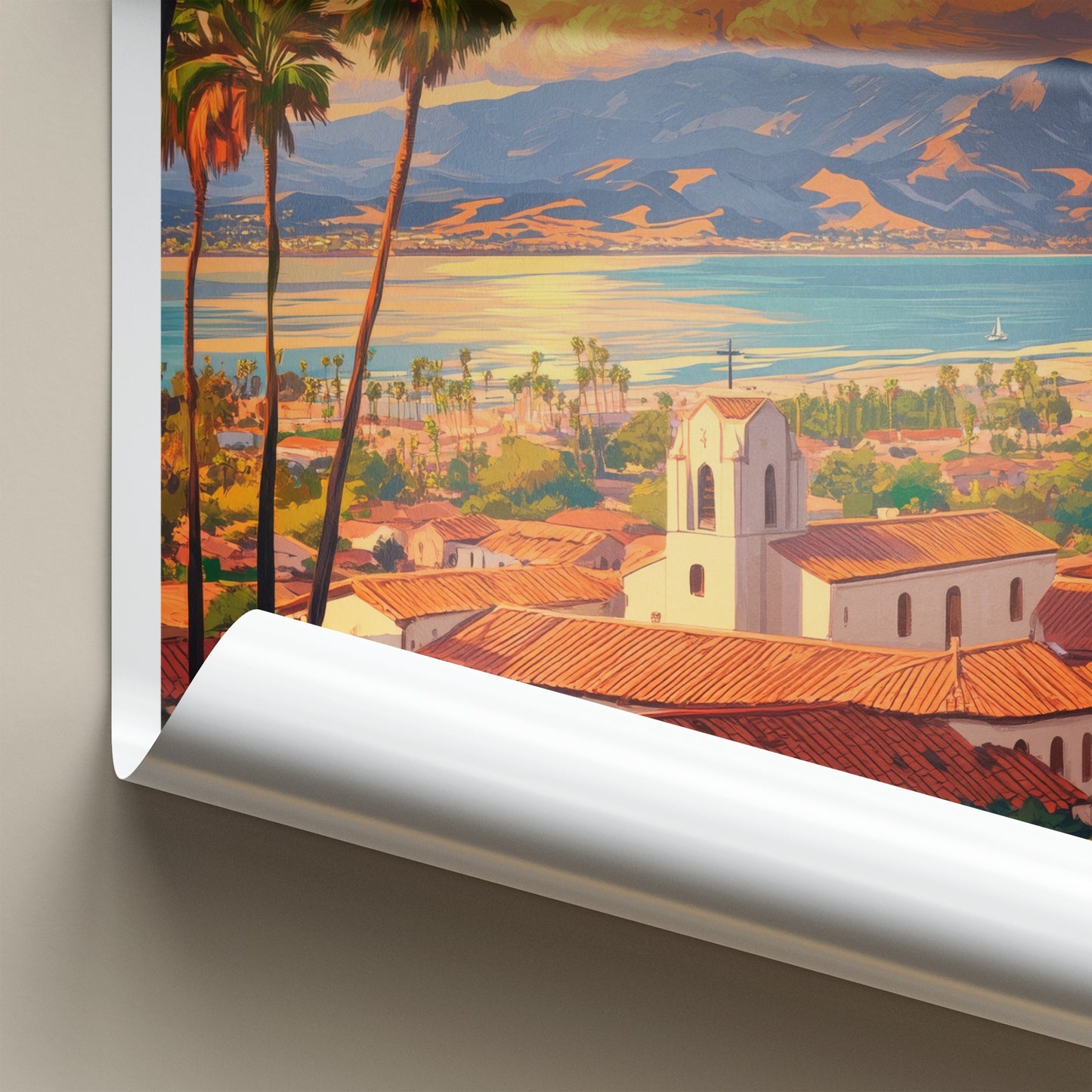 Santa Barbara Poster - California Travel Art - Coastal Mission Sunset Home Decor