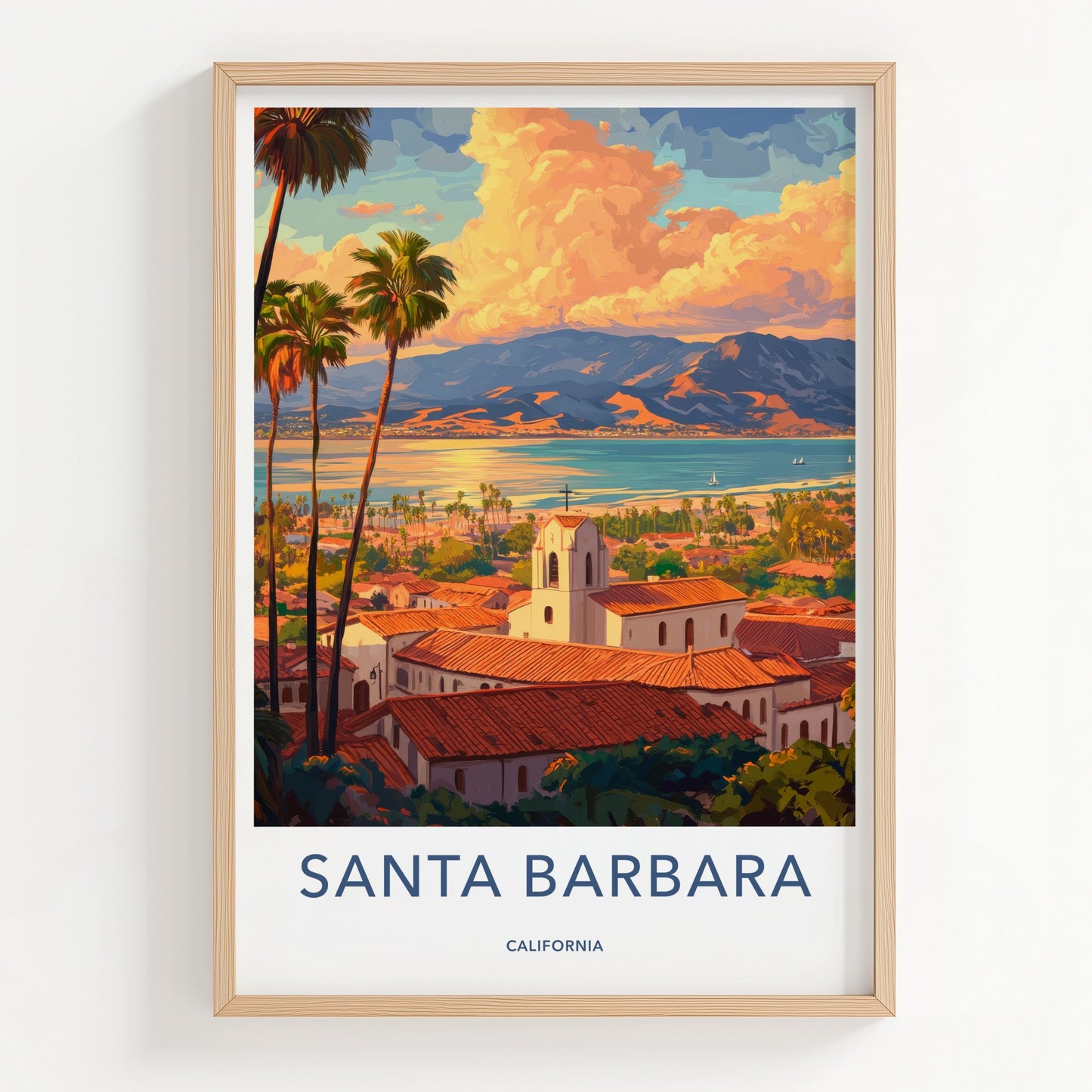 Santa Barbara Poster - California Travel Art - Coastal Mission Sunset Home Decor