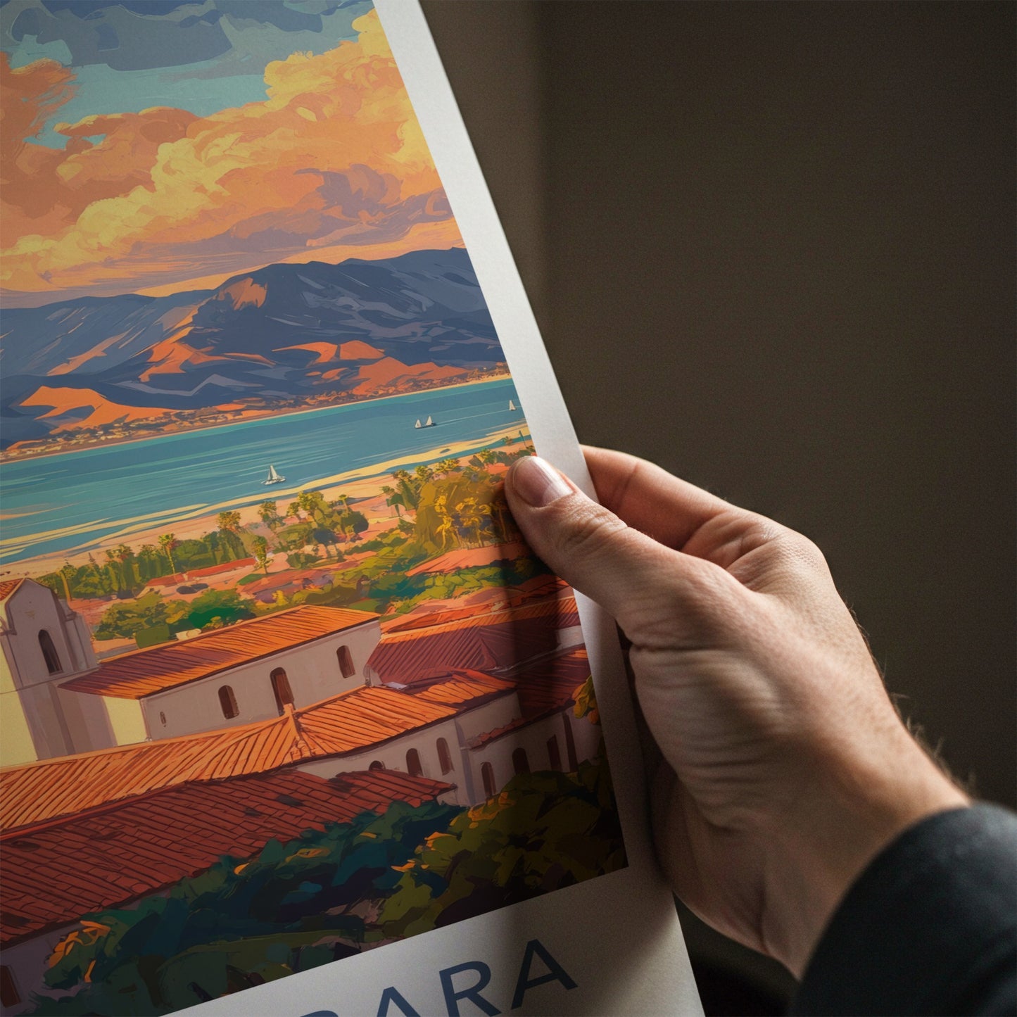 Santa Barbara Poster - California Travel Art - Coastal Mission Sunset Home Decor