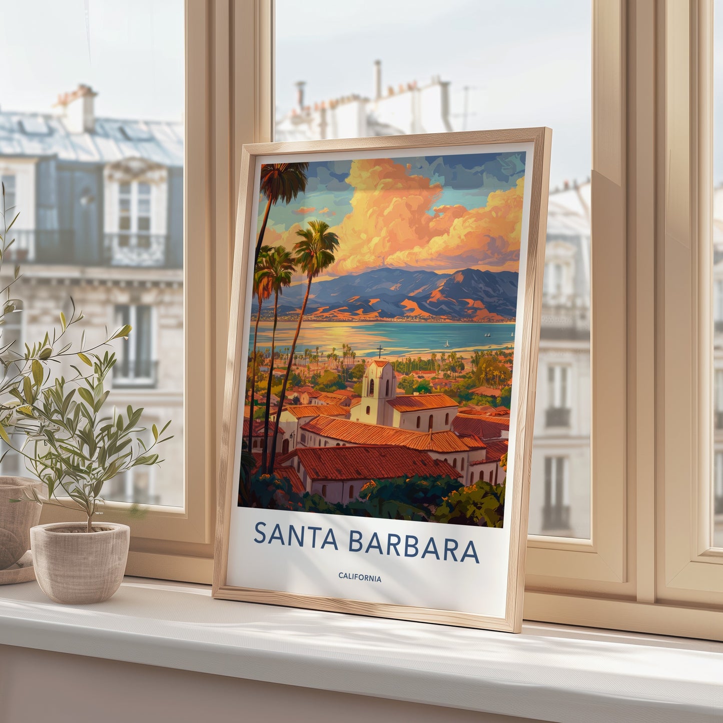 Santa Barbara Poster - California Travel Art - Coastal Mission Sunset Home Decor