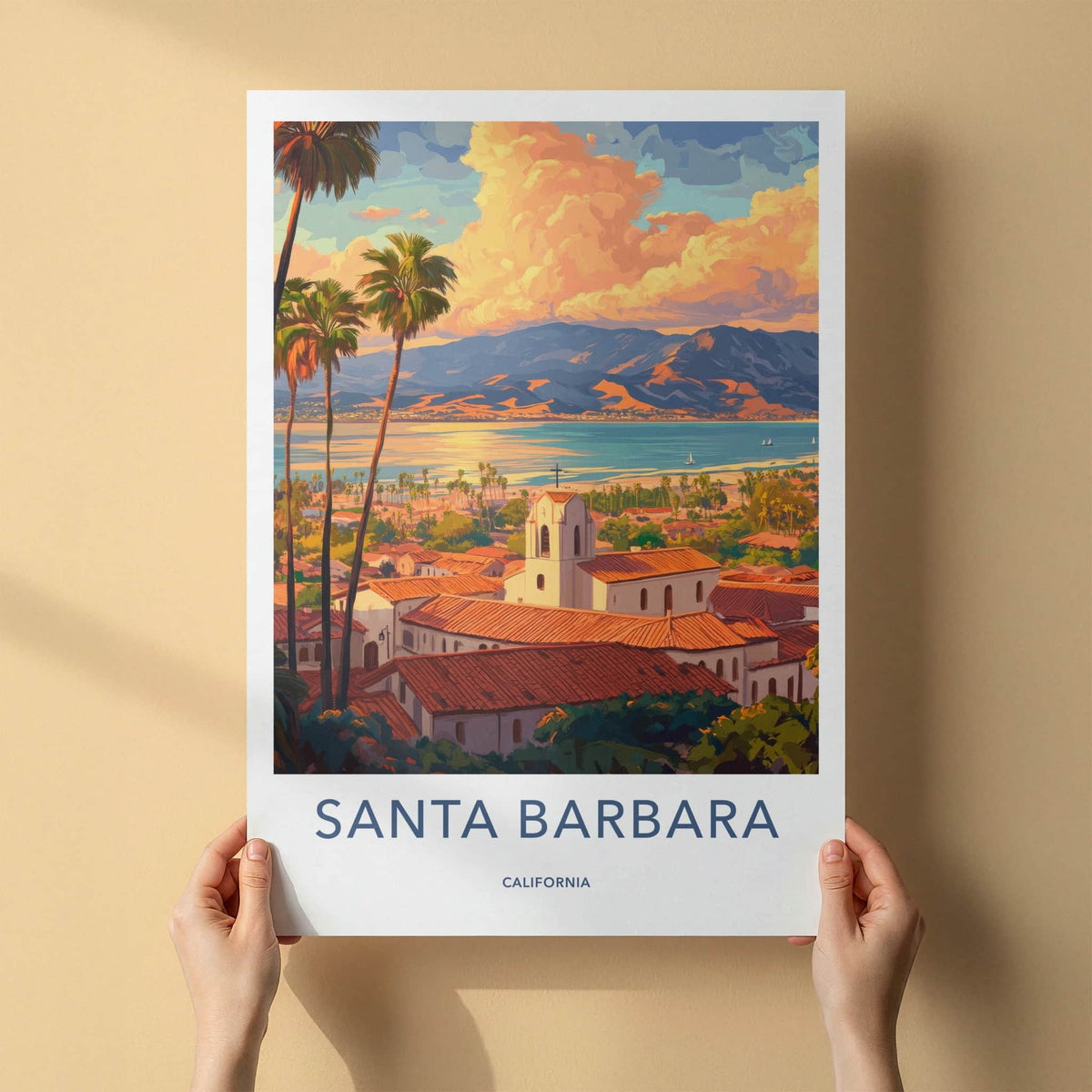 Santa Barbara Poster - California Travel Art - Coastal Mission Sunset Home Decor