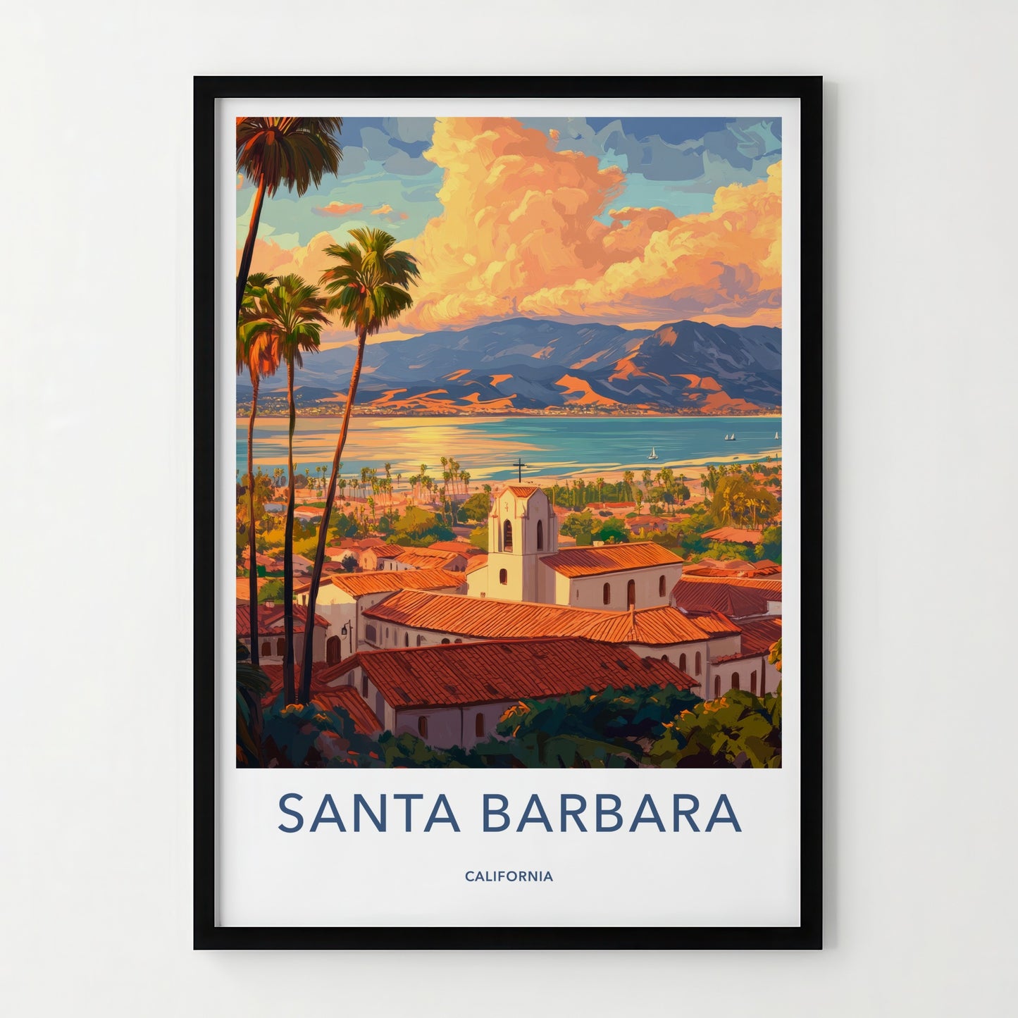 Santa Barbara Poster - California Travel Art - Coastal Mission Sunset Home Decor