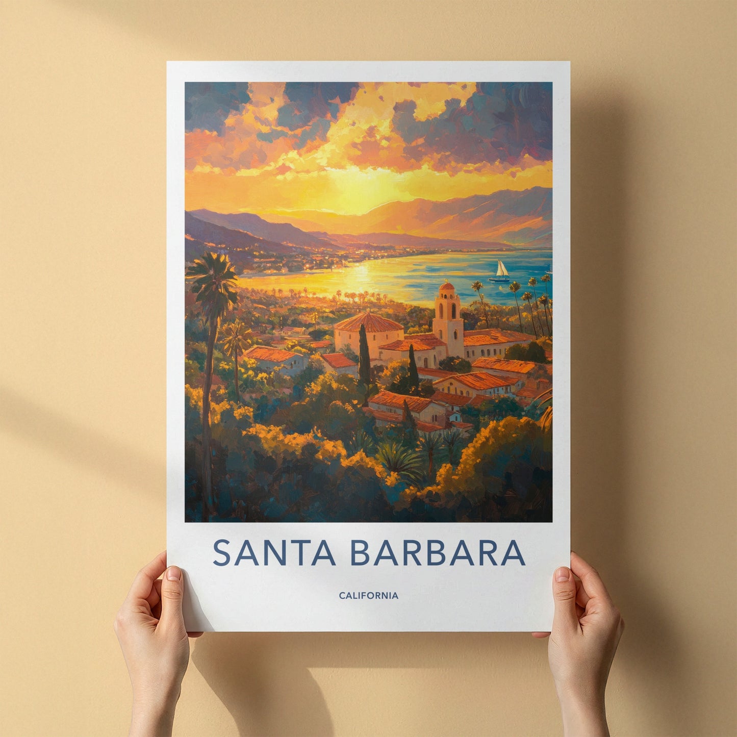 Santa Barbara Poster - California Travel Art - Golden Coastal Sunset Home Decor