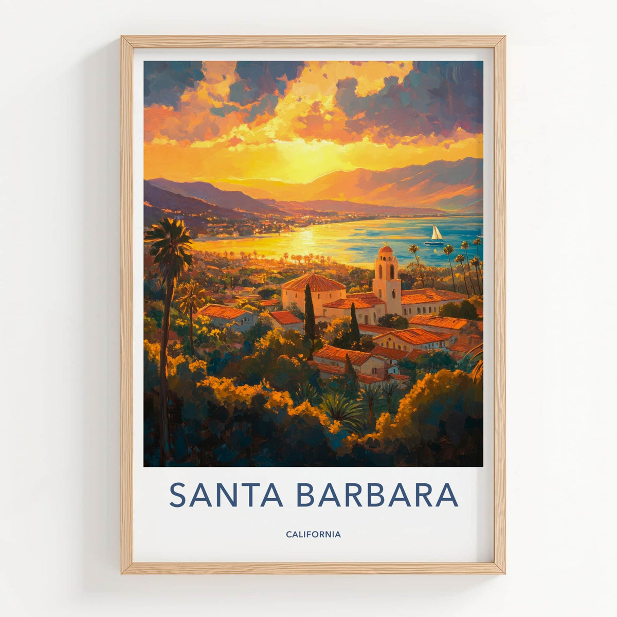 Santa Barbara Poster - California Travel Art - Golden Coastal Sunset Home Decor