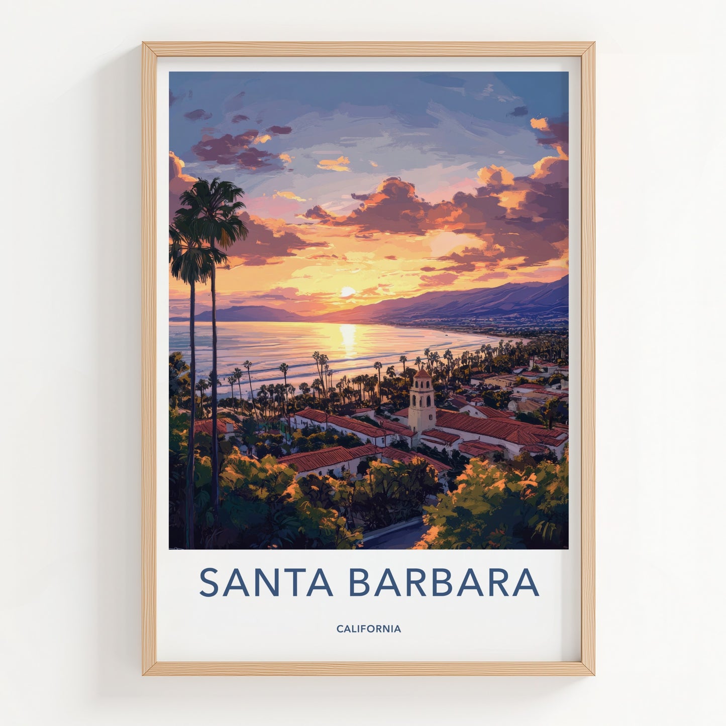 Santa Barbara Poster - California Travel Art - Ocean Sunset Town Home Decor
