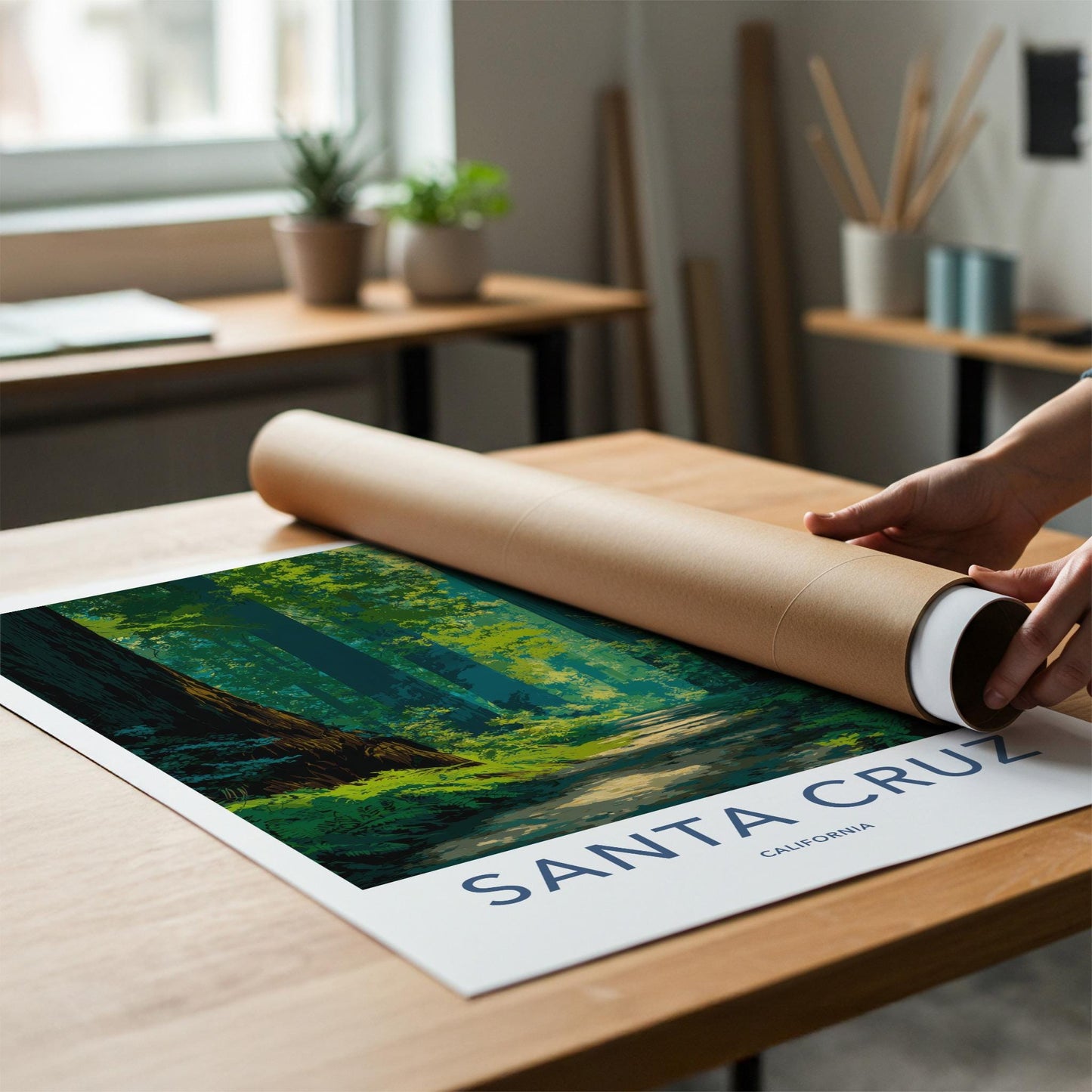 Santa Cruz Poster - California Travel Art - Redwood Forest Path Wall Decor