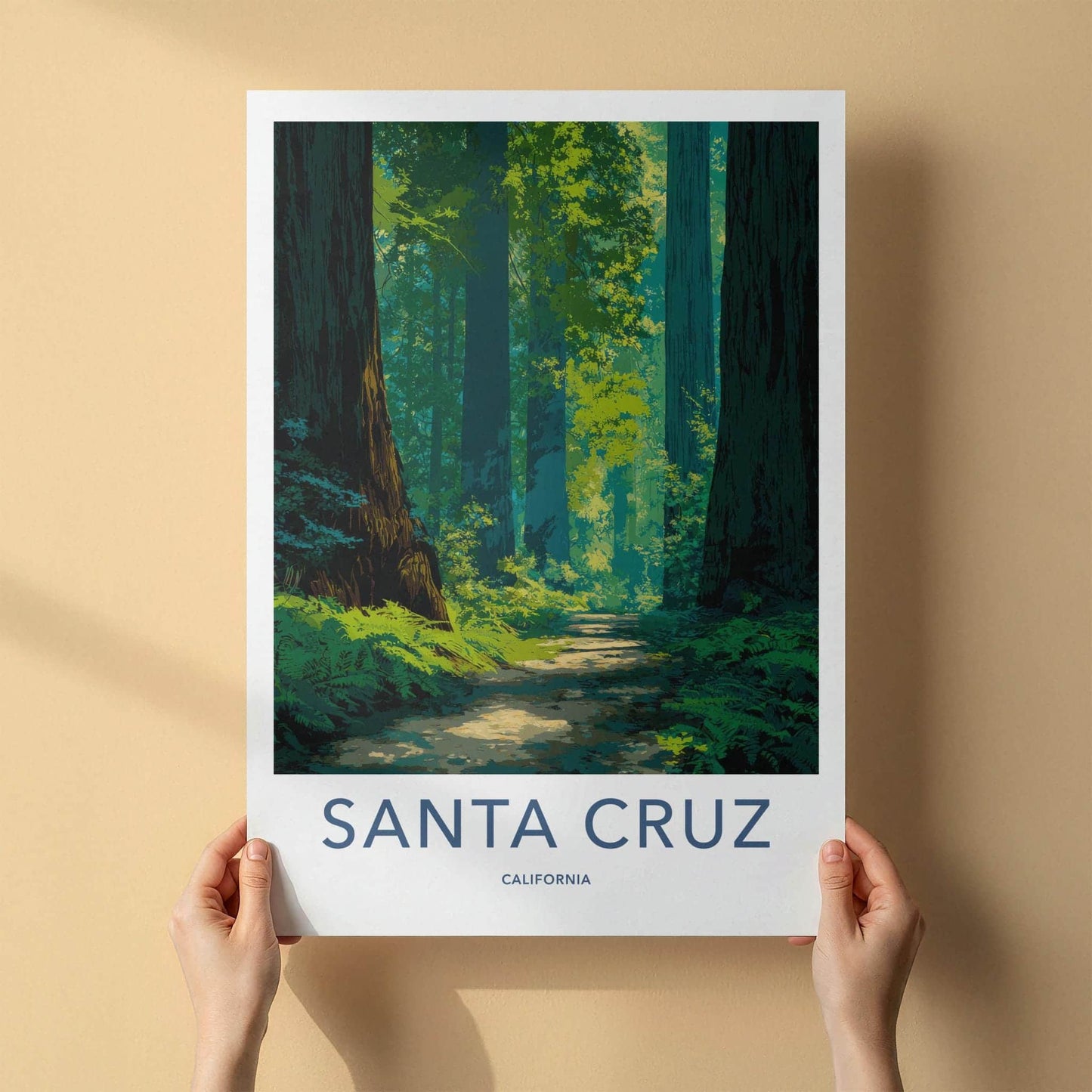 Santa Cruz Poster - California Travel Art - Redwood Forest Path Wall Decor