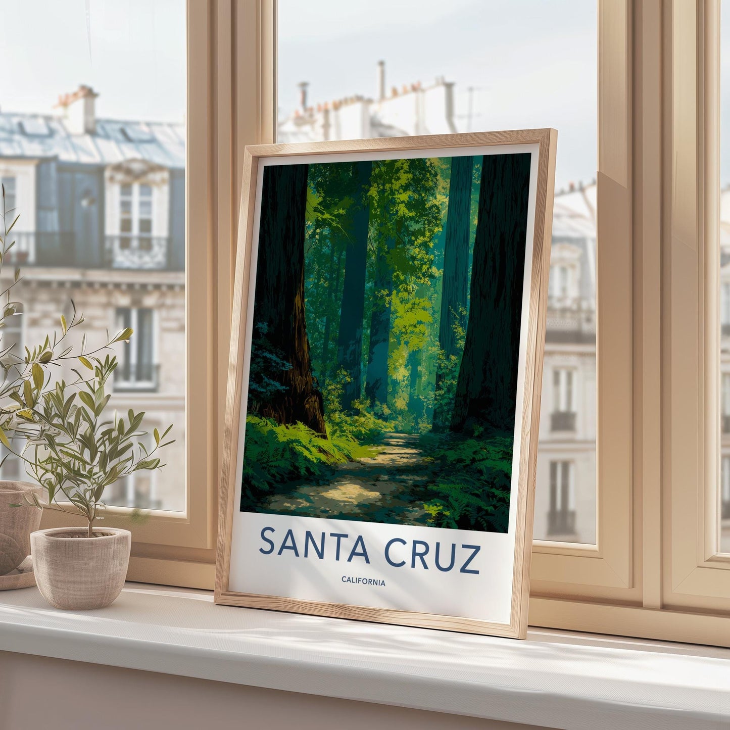 Santa Cruz Poster - California Travel Art - Redwood Forest Path Wall Decor